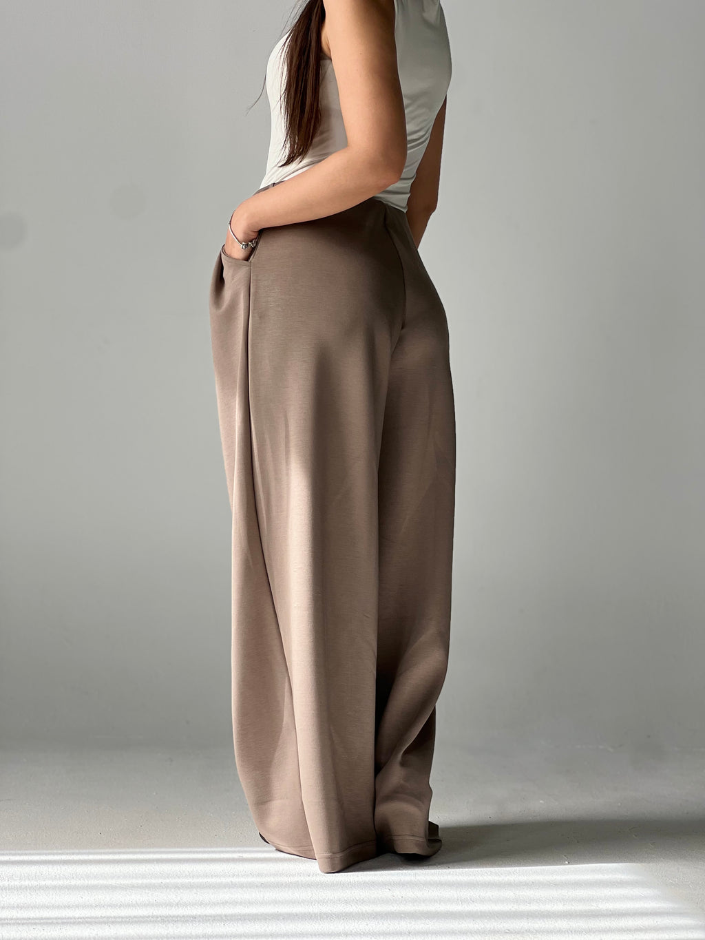 Wide-Leg Summer Melton Pants-Cafe