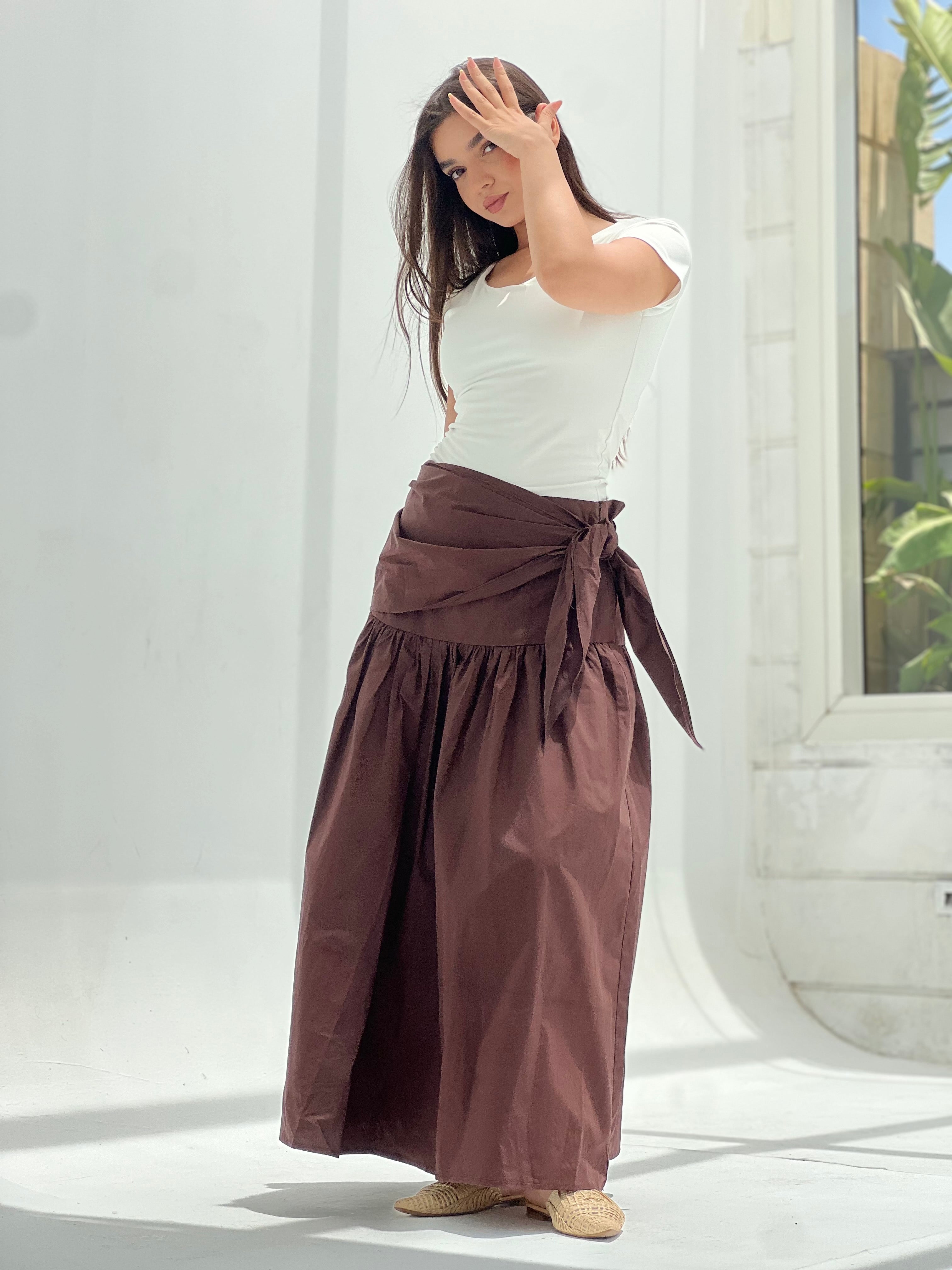 Side Tie Maxi Skirt-Brown