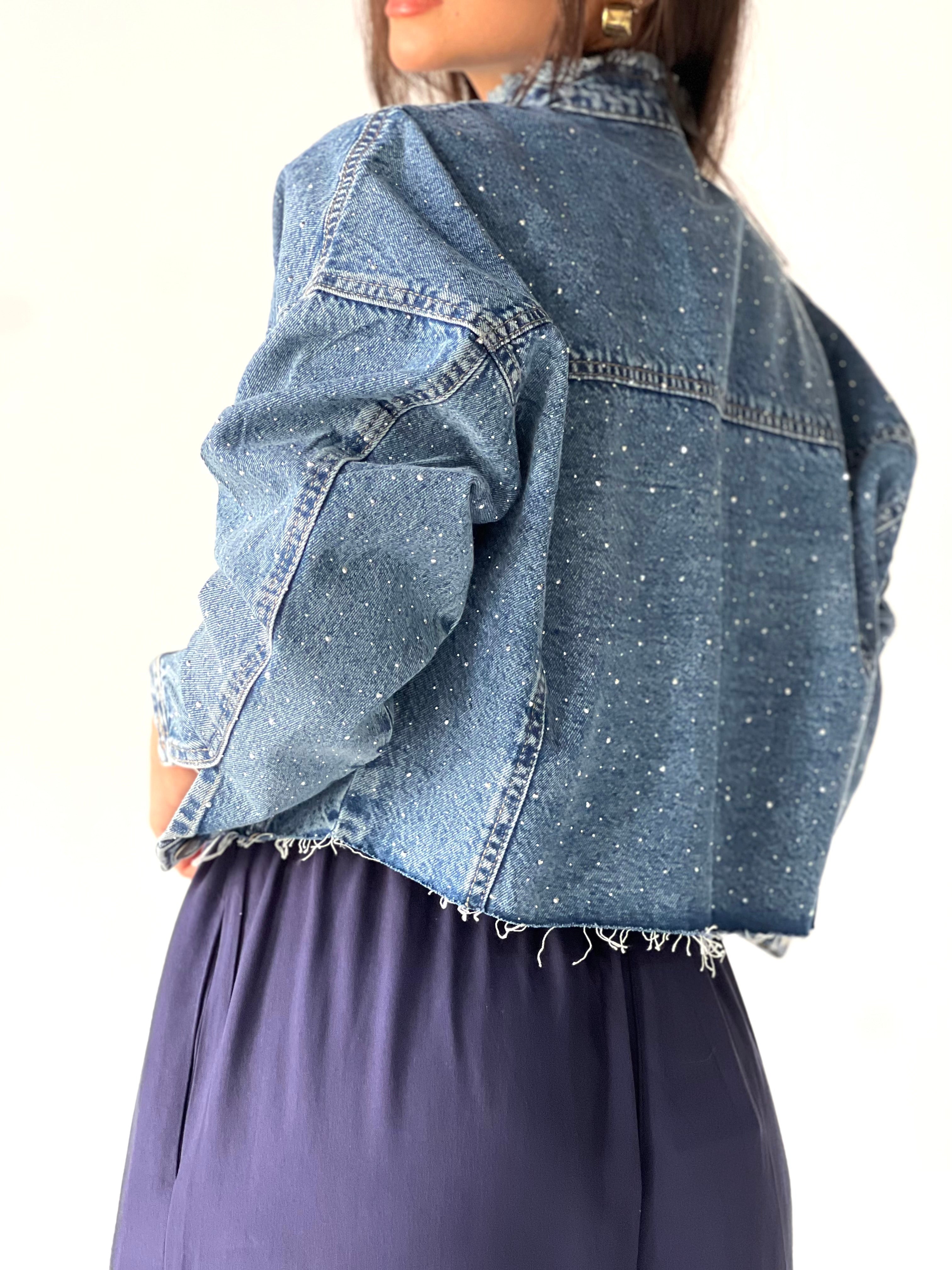 Denim Spark Cropped Jacket-Dark blue