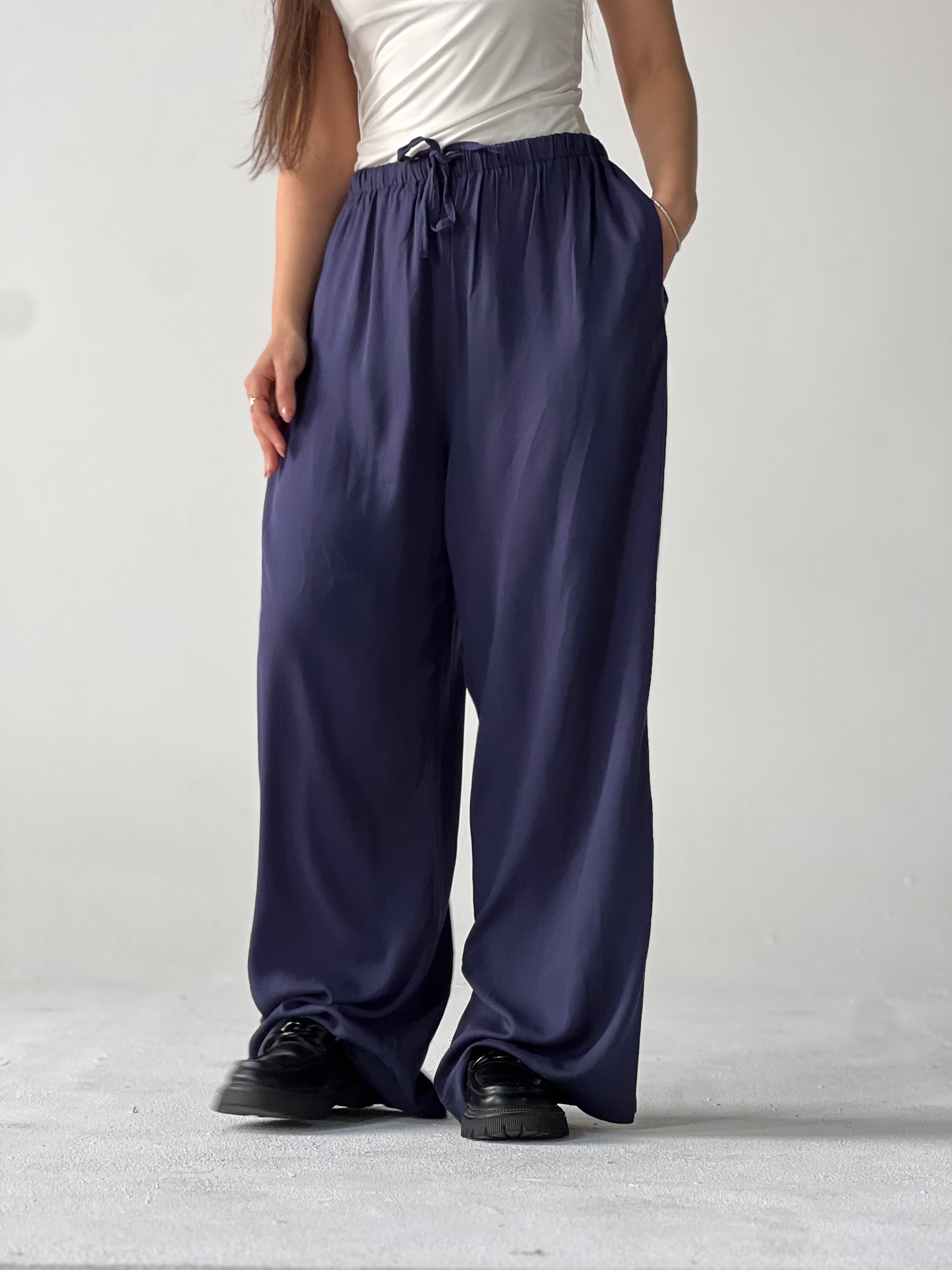 Summer Linen Elastic Waist Pants –Blue