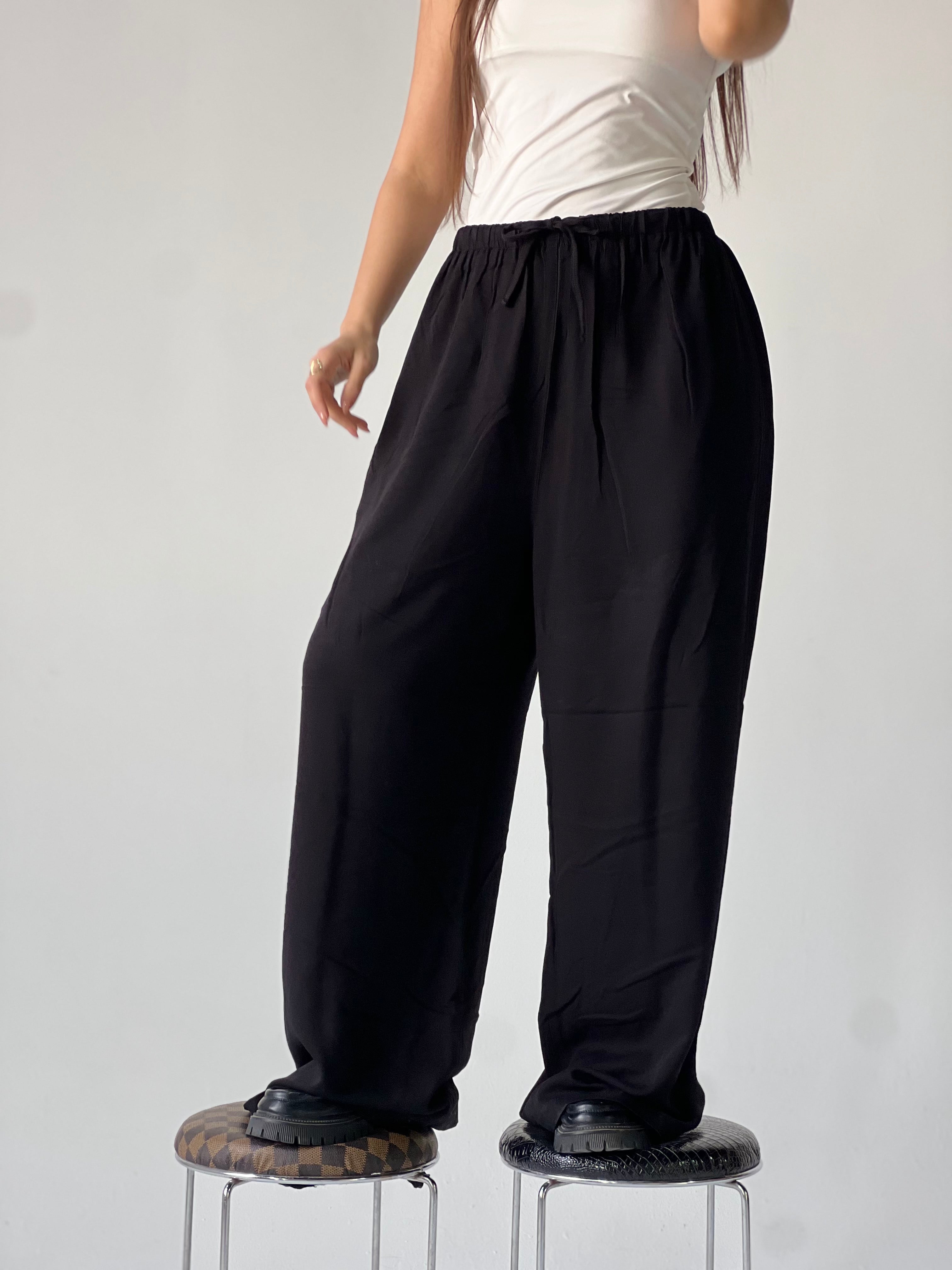 Summer Linen Elastic Waist Pants – Black