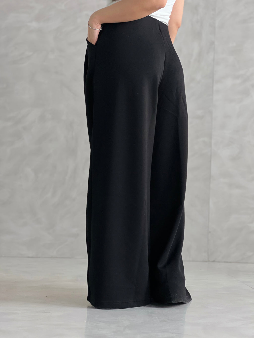 Wide-Leg Summer Melton Pants-Black