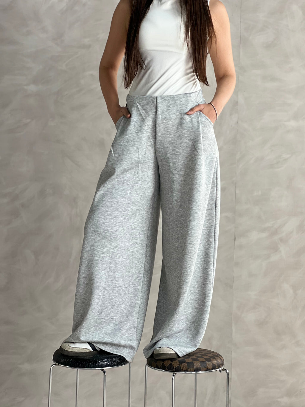 Wide-Leg Summer Melton Pants-Grey