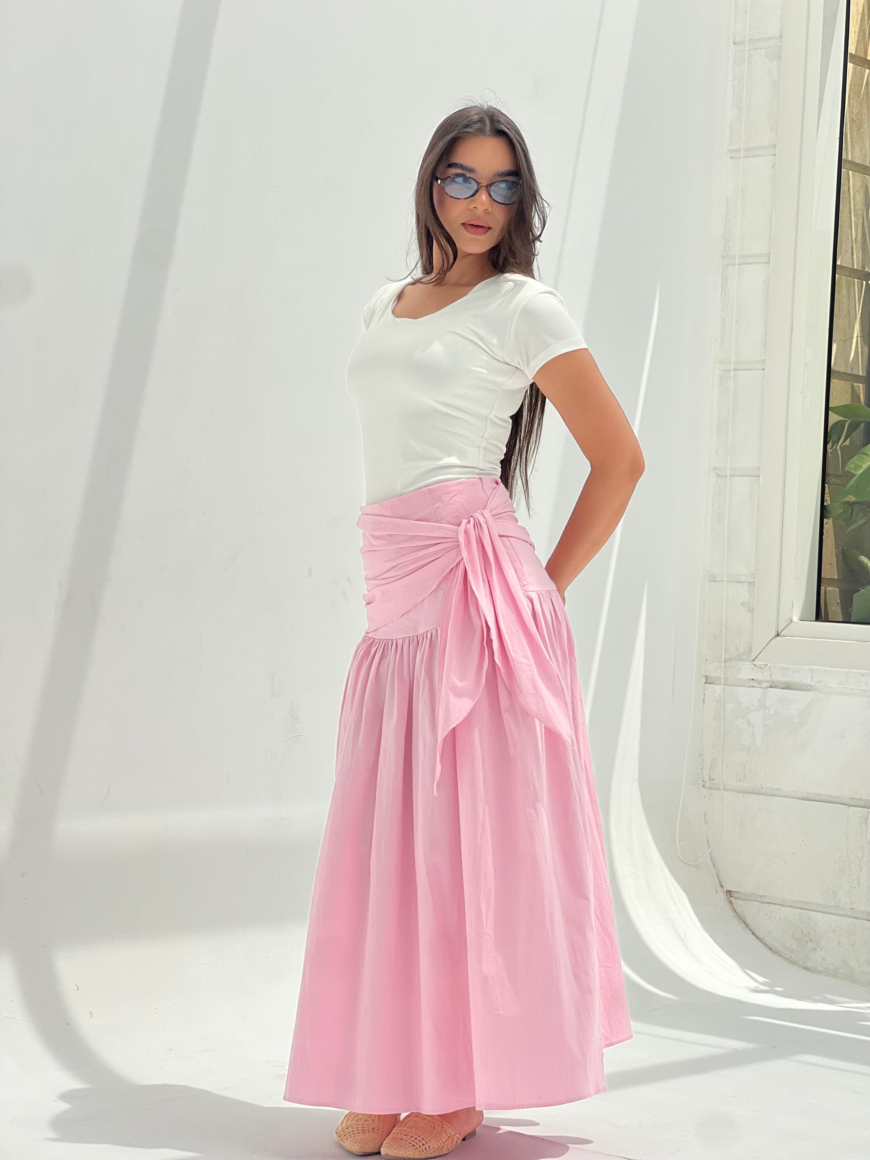 Side Tie Maxi Skirt-Pink