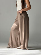 Wide-Leg Summer Melton Pants-Cafe