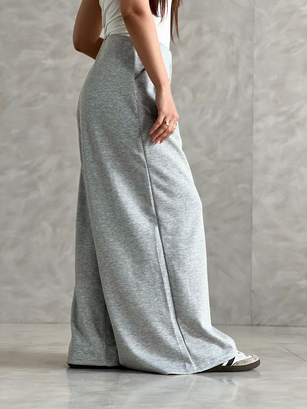 Wide-Leg Summer Melton Pants-Grey