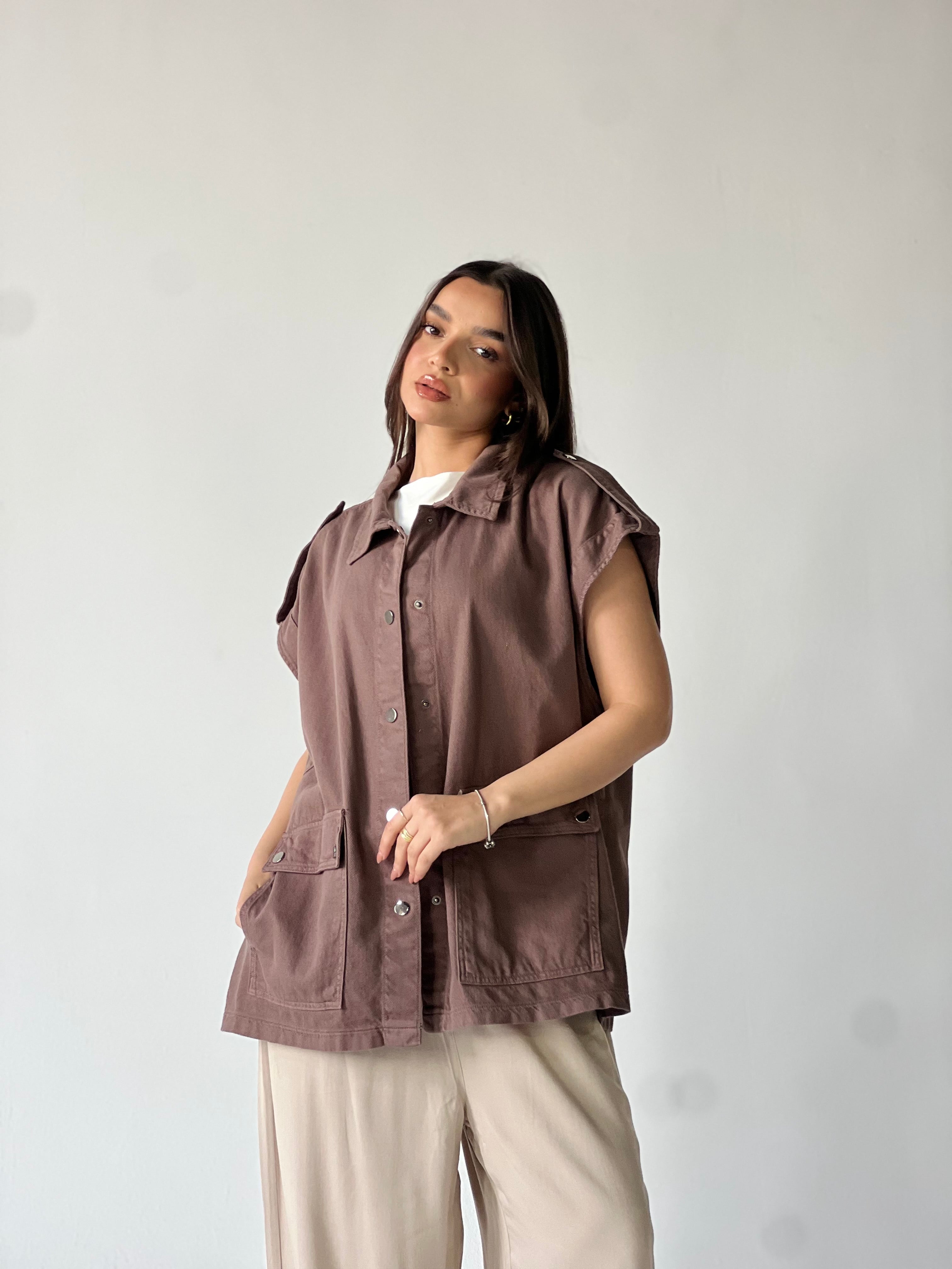 Oversized Long Cargo Vest –Brown