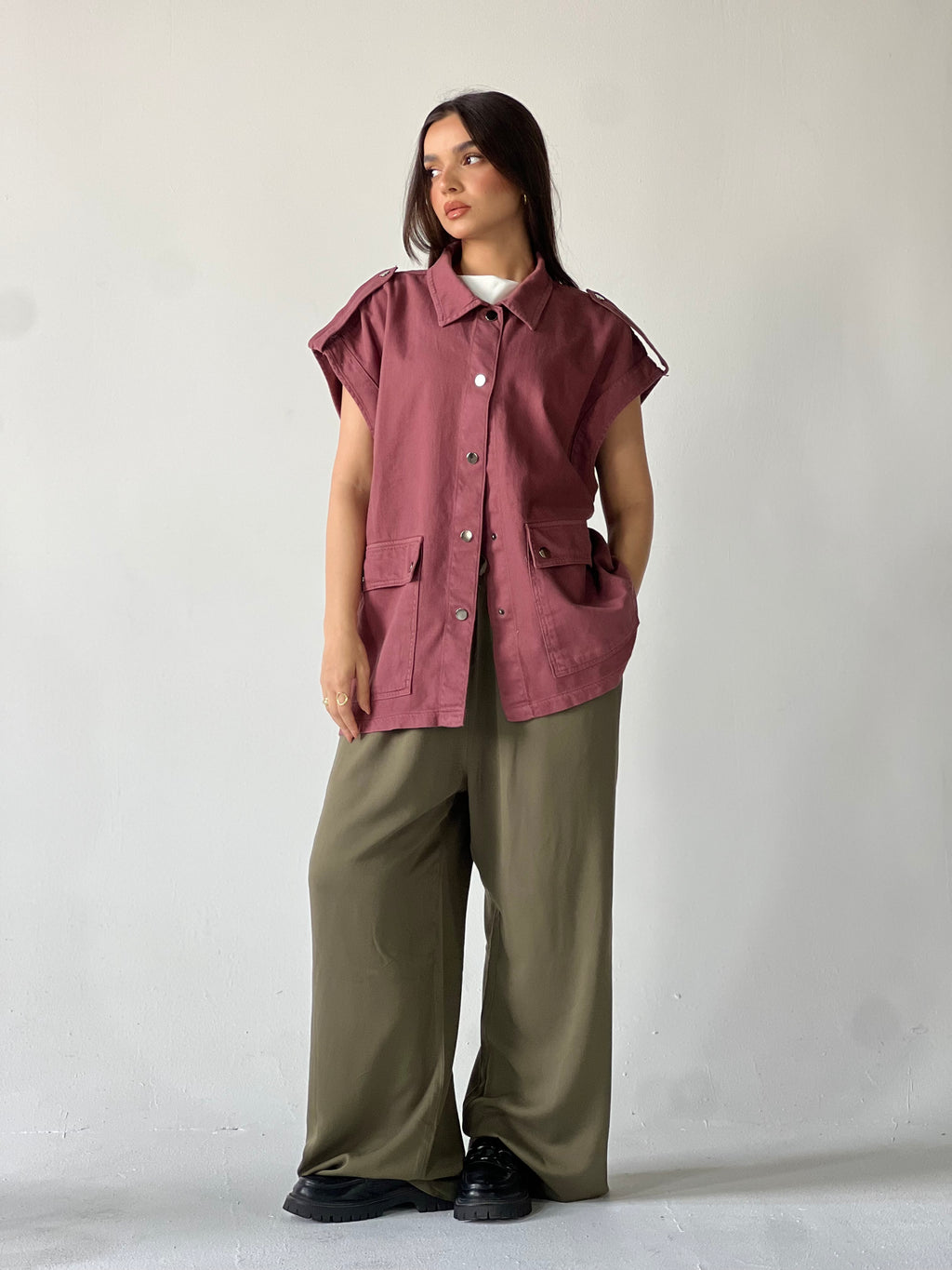 Oversized Long Cargo Vest – Burgundy