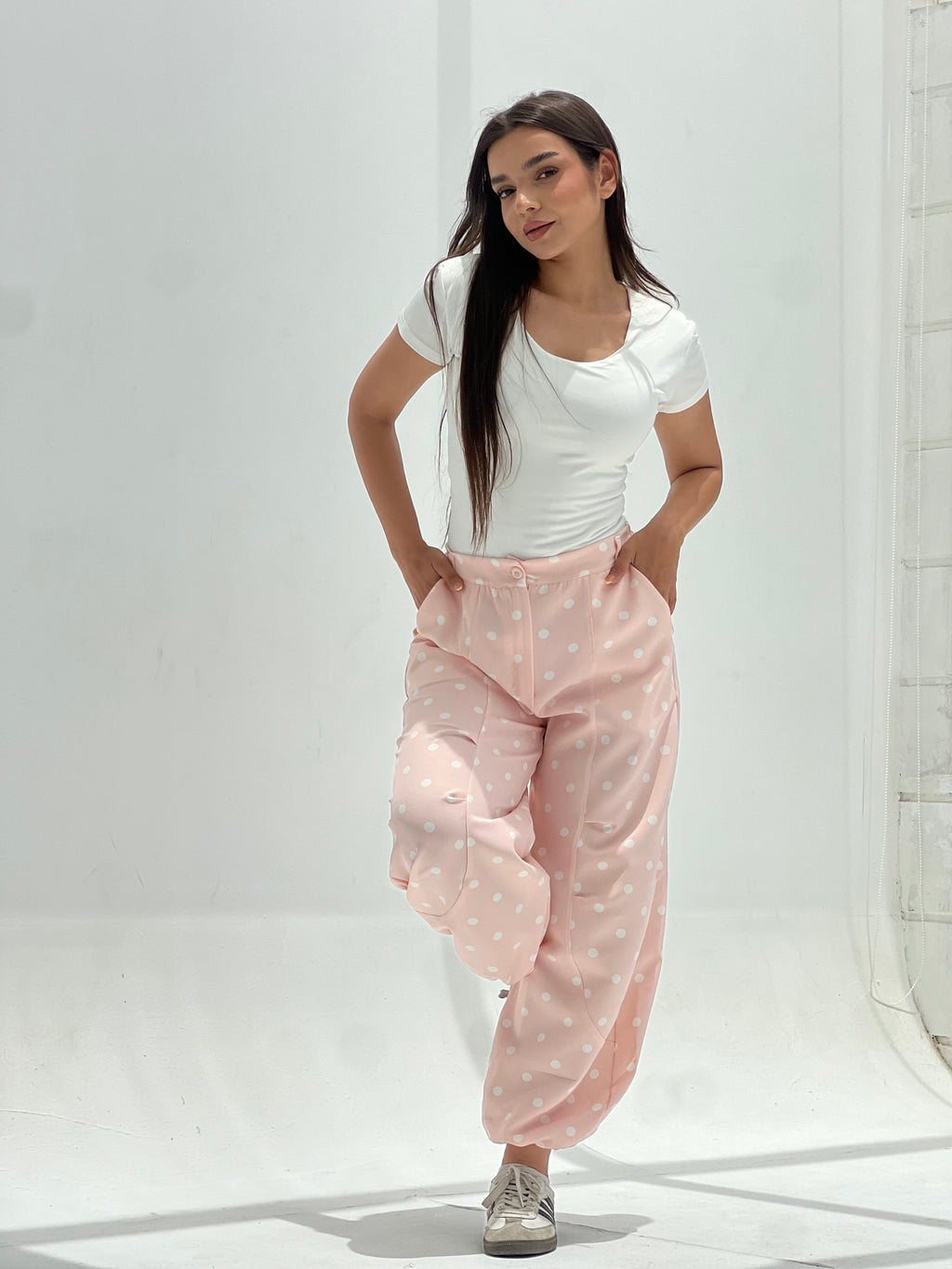 Polka Balloon Pants-White X Pink