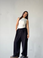 Summer Linen Elastic Waist Pants – Black