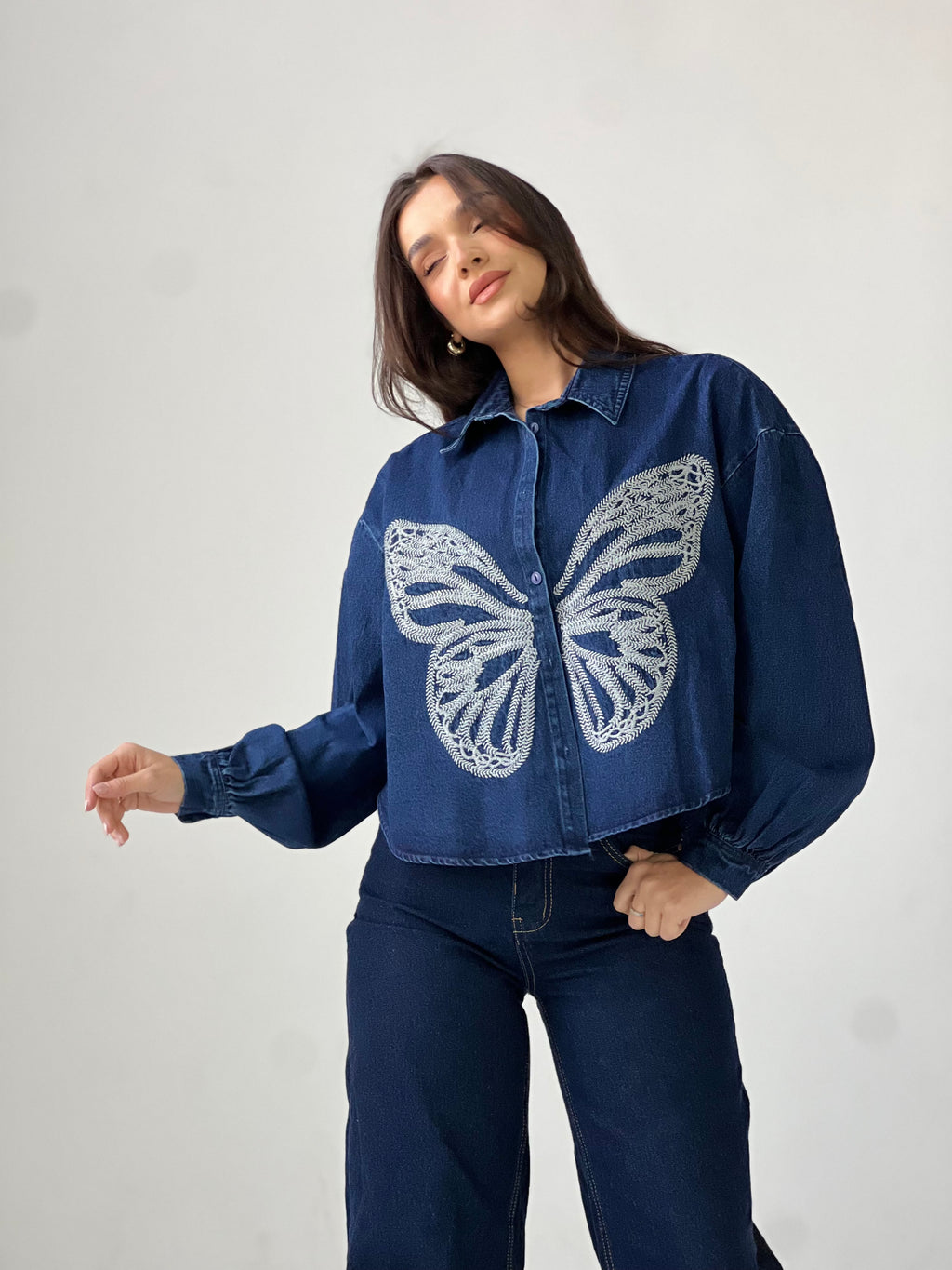 Butterfly Embroidered Summer Oversized Shirt-Dark Blue