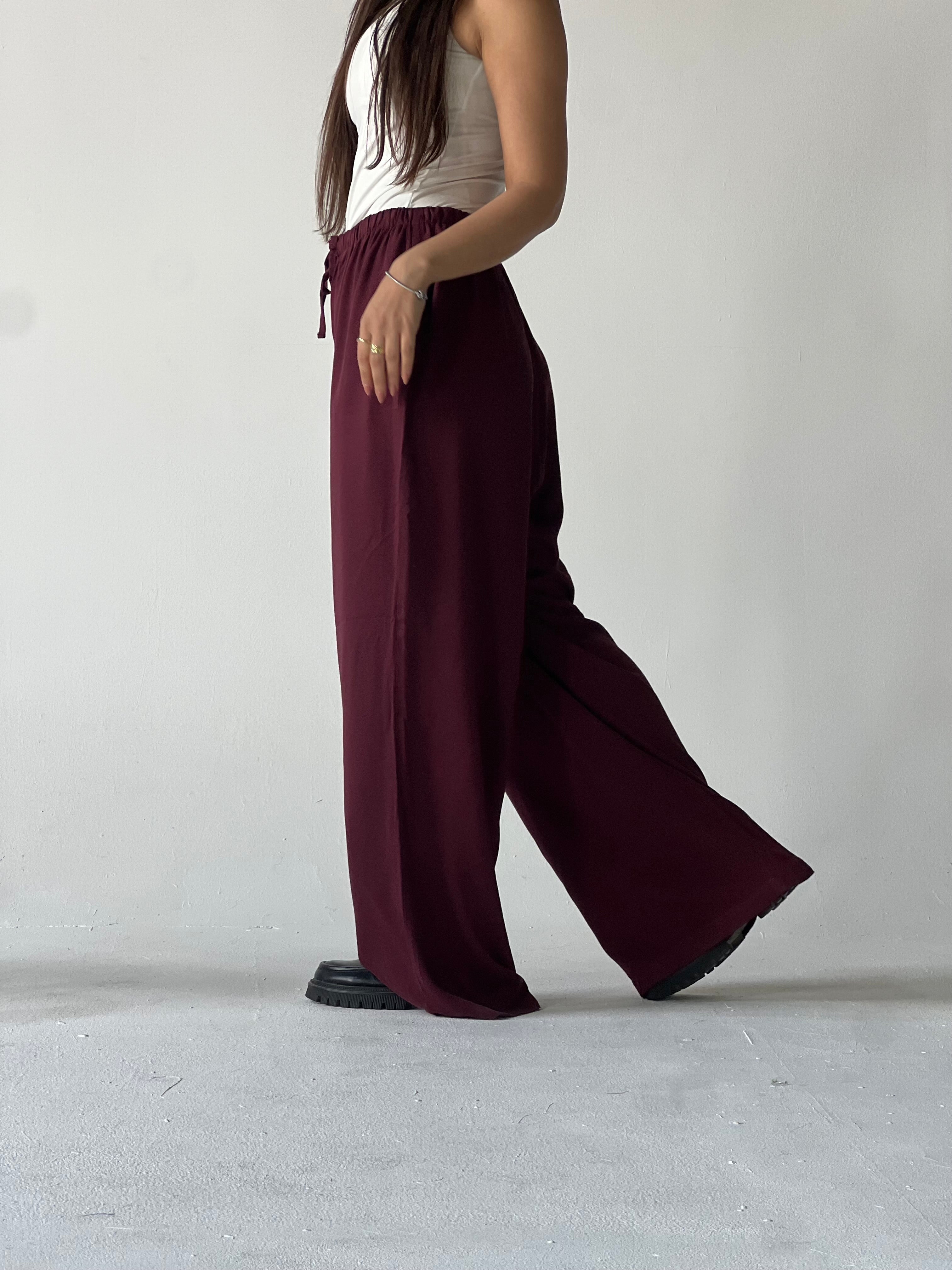 Summer Linen Elastic Waist Pants – Maroon