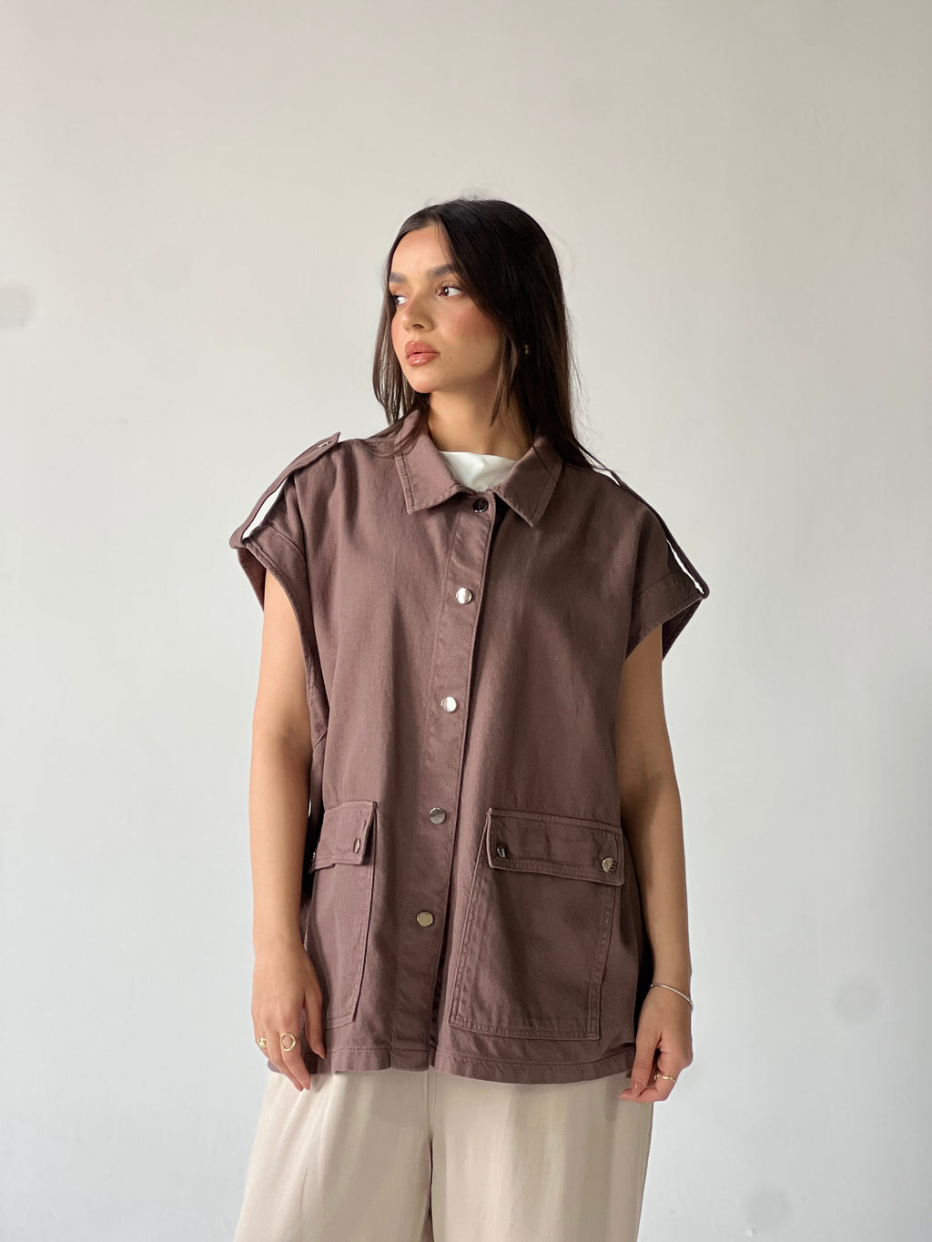 Oversized Long Cargo Vest –Brown