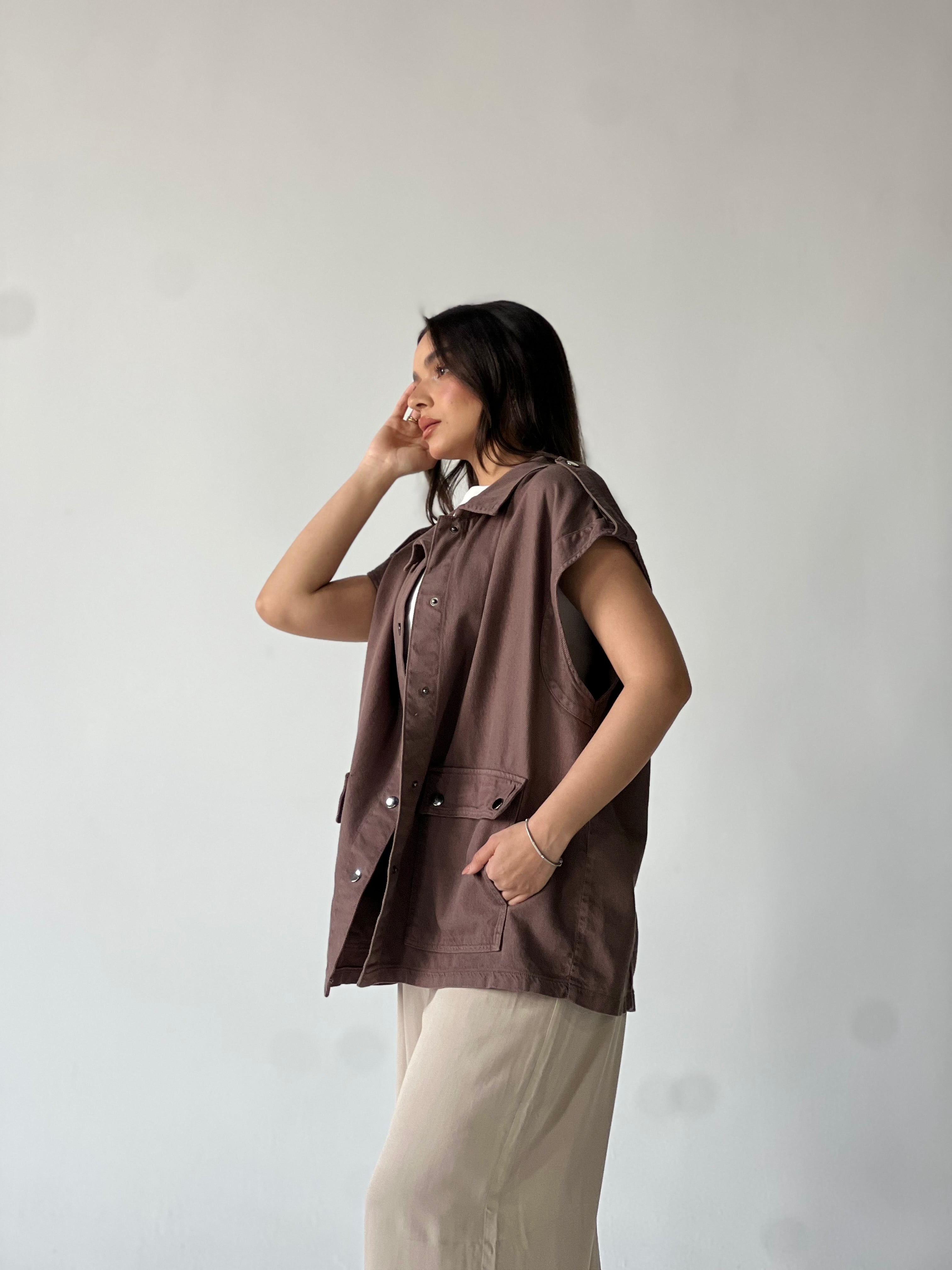 Oversized Long Cargo Vest –Brown