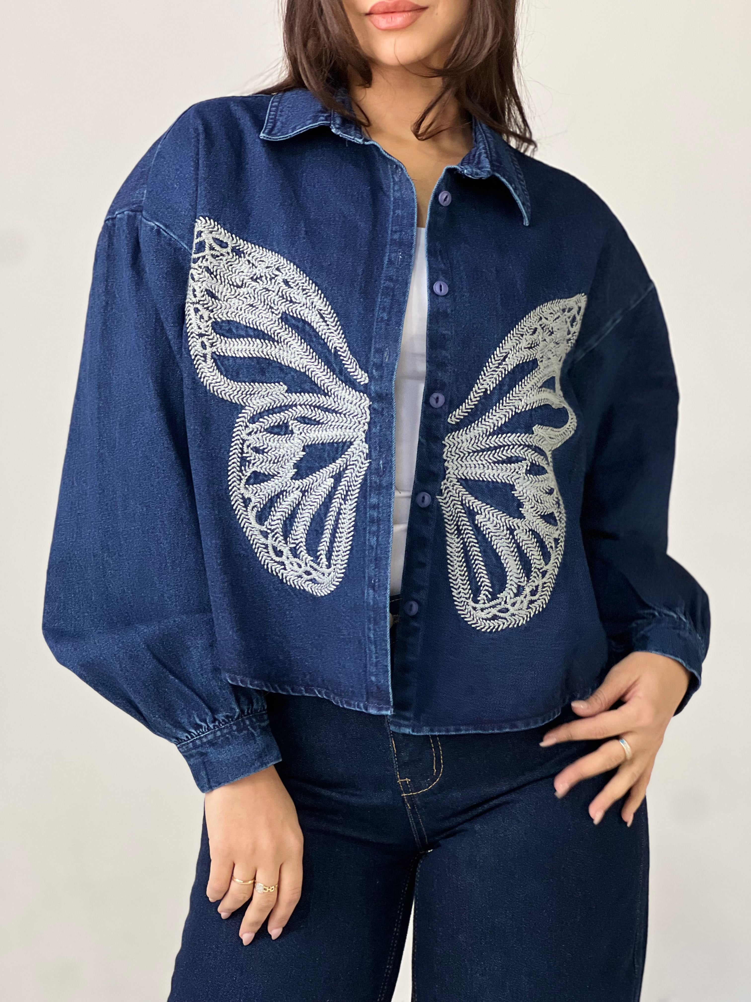 Butterfly Embroidered Summer Oversized Shirt-Dark Blue