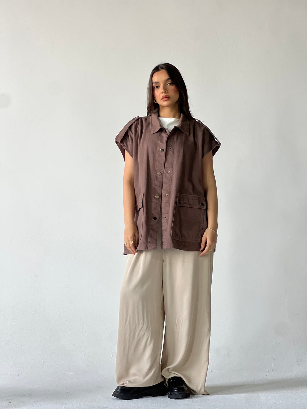 Oversized Long Cargo Vest –Brown