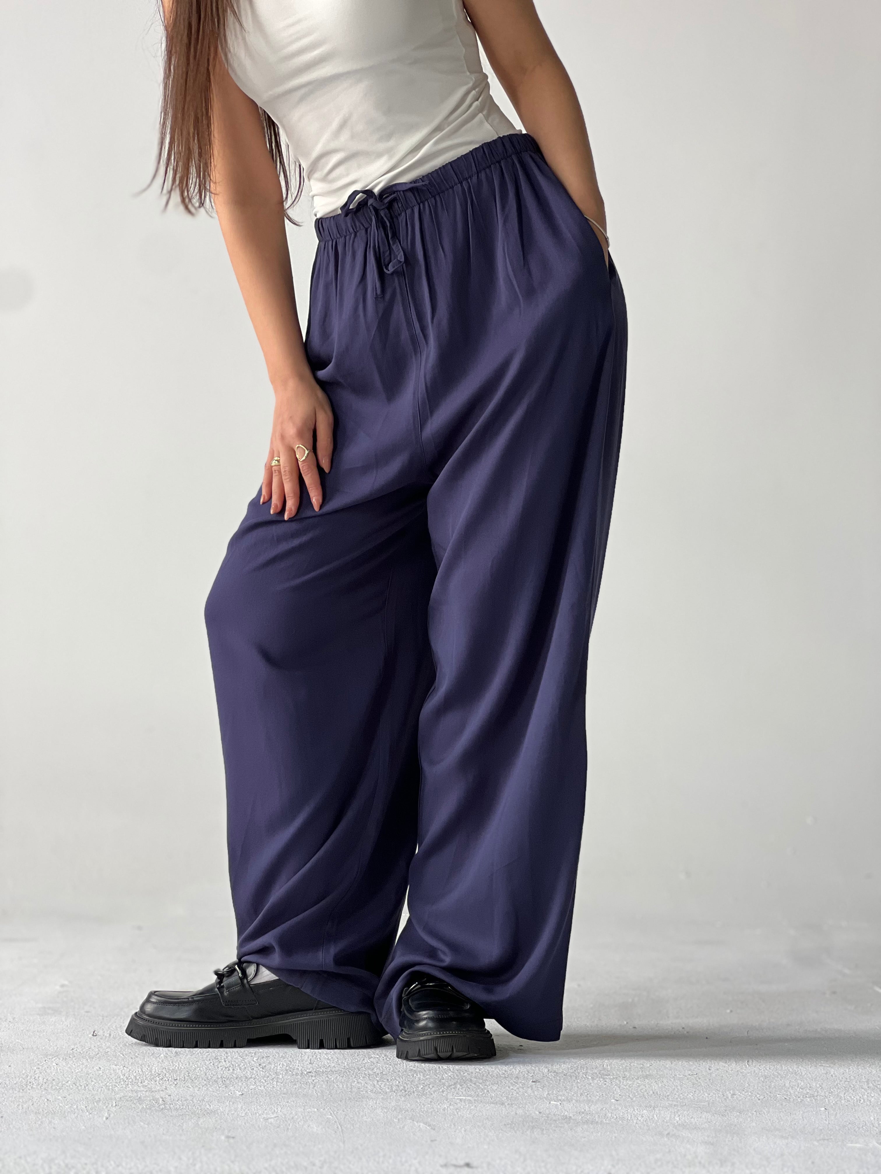 Summer Linen Elastic Waist Pants –Blue