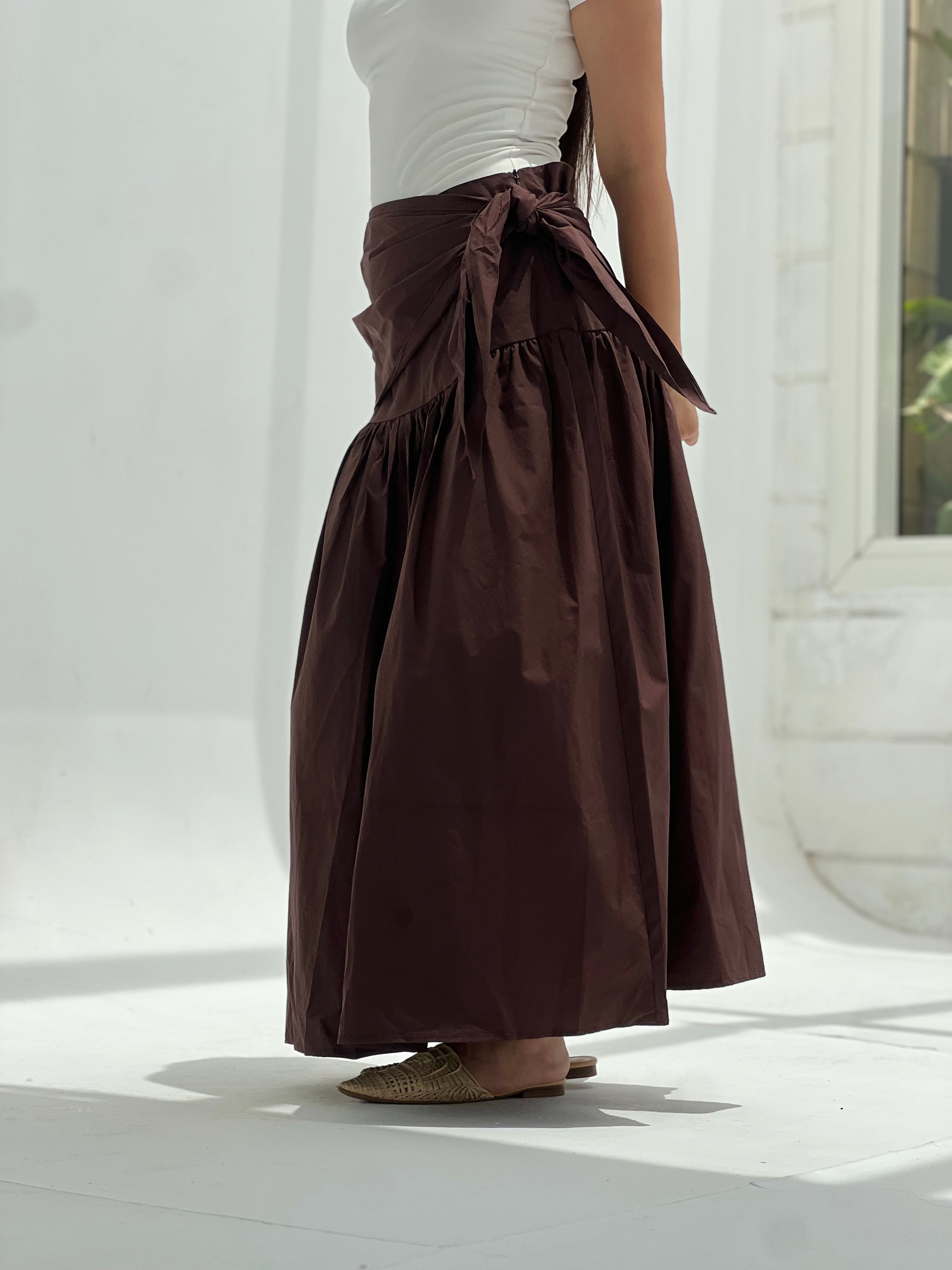 Side Tie Maxi Skirt-Brown