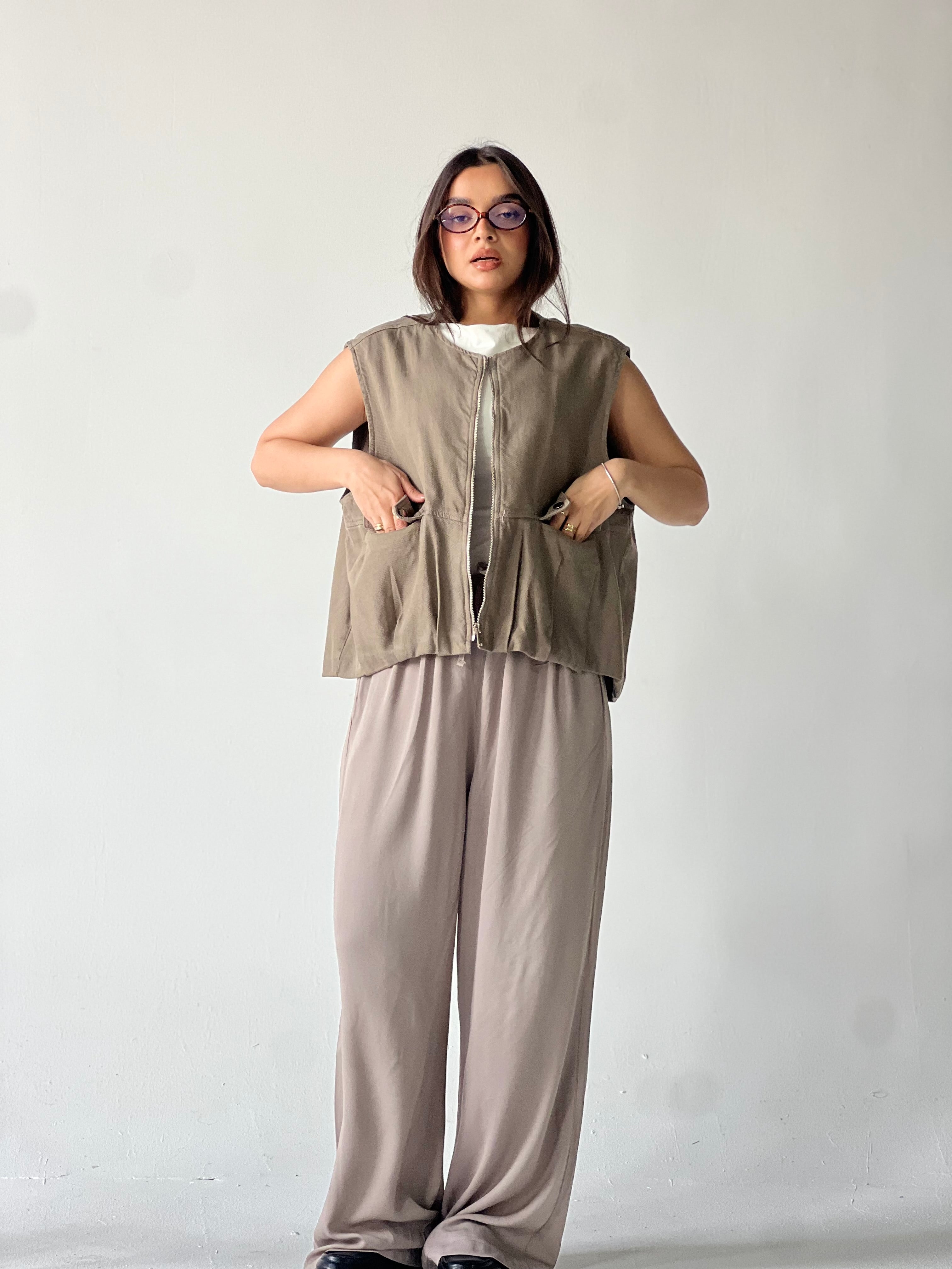 Oversized Cargo Zip Vest –Olive