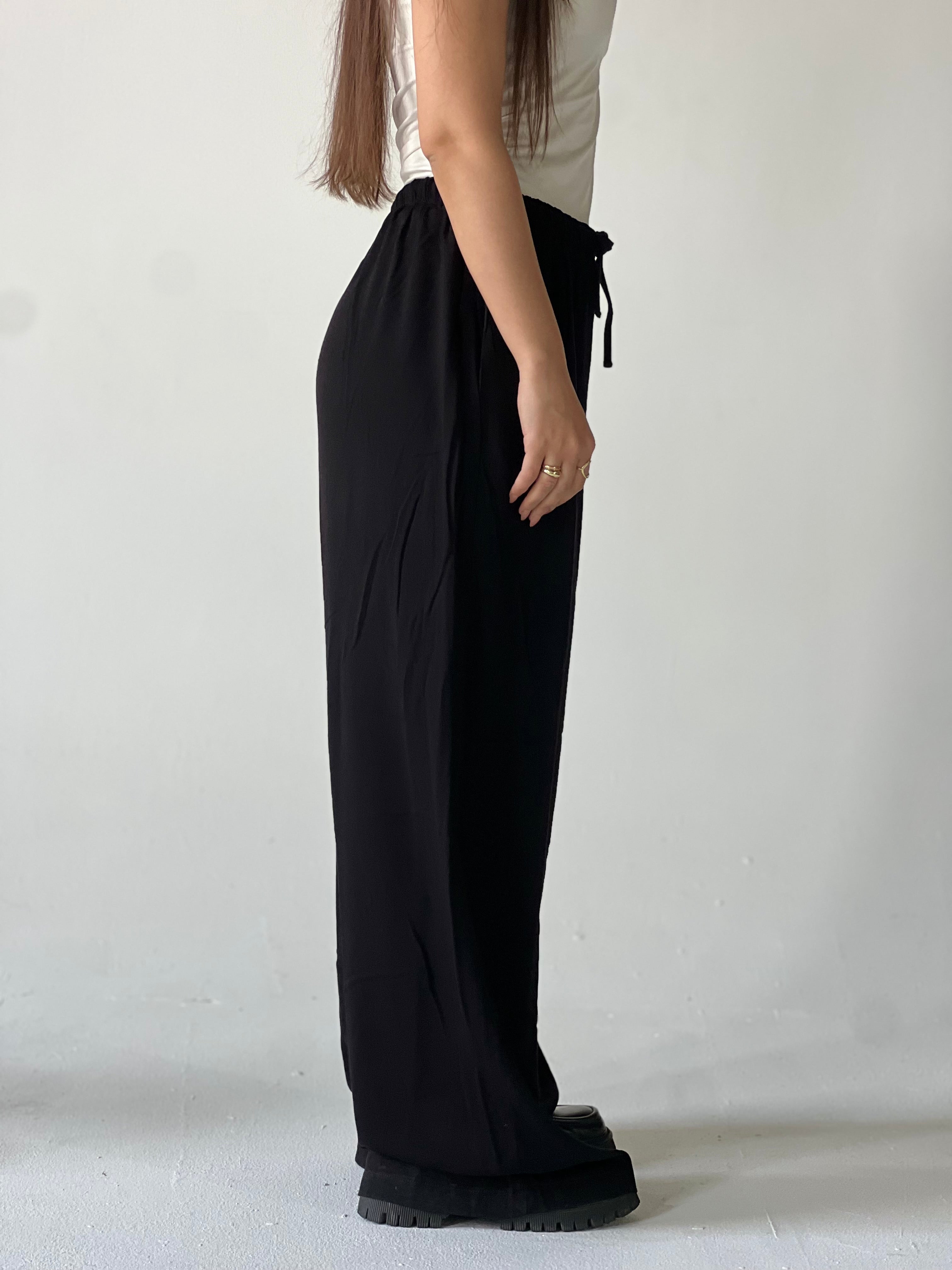 Summer Linen Elastic Waist Pants – Black