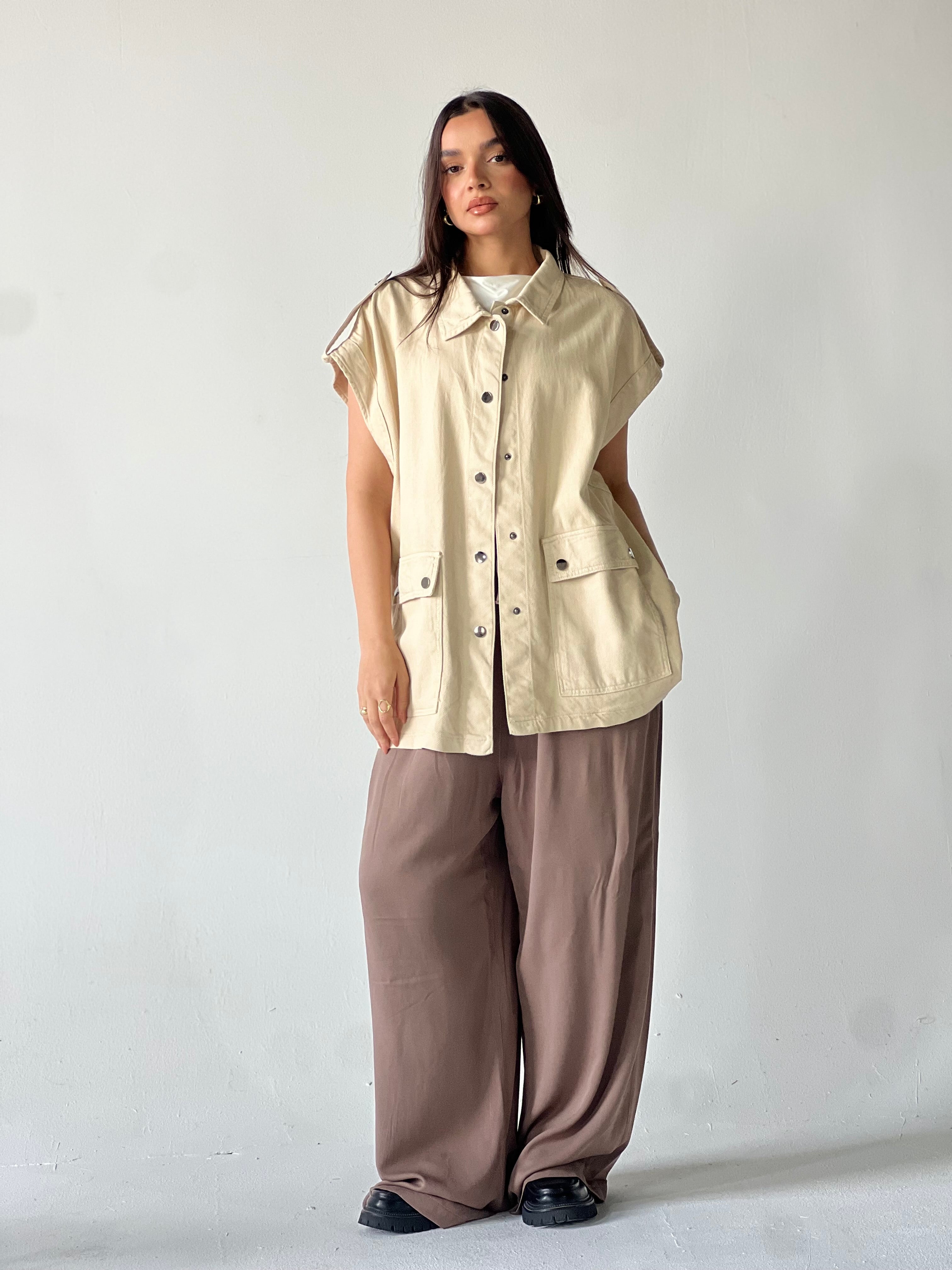 Oversized Long Cargo Vest –Biege