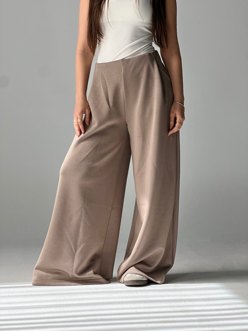 Wide-Leg Summer Melton Pants-Cafe