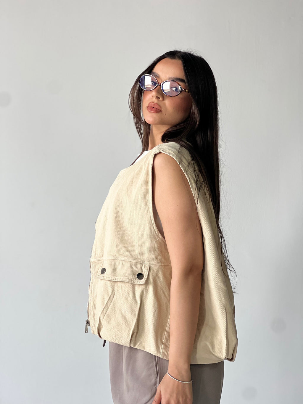 Oversized Cargo Zip Vest –Beige