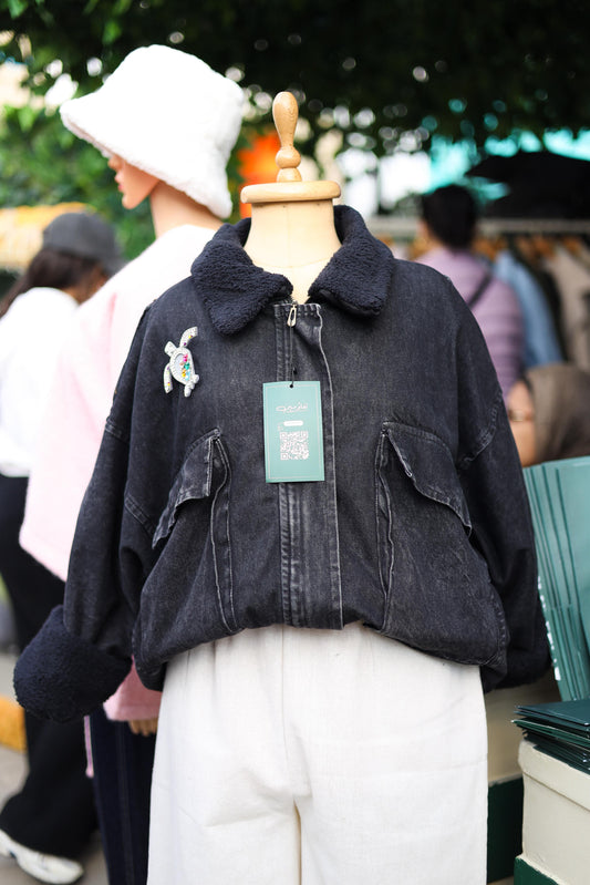 Oversized denim fur jacket- Grey Fur Black
