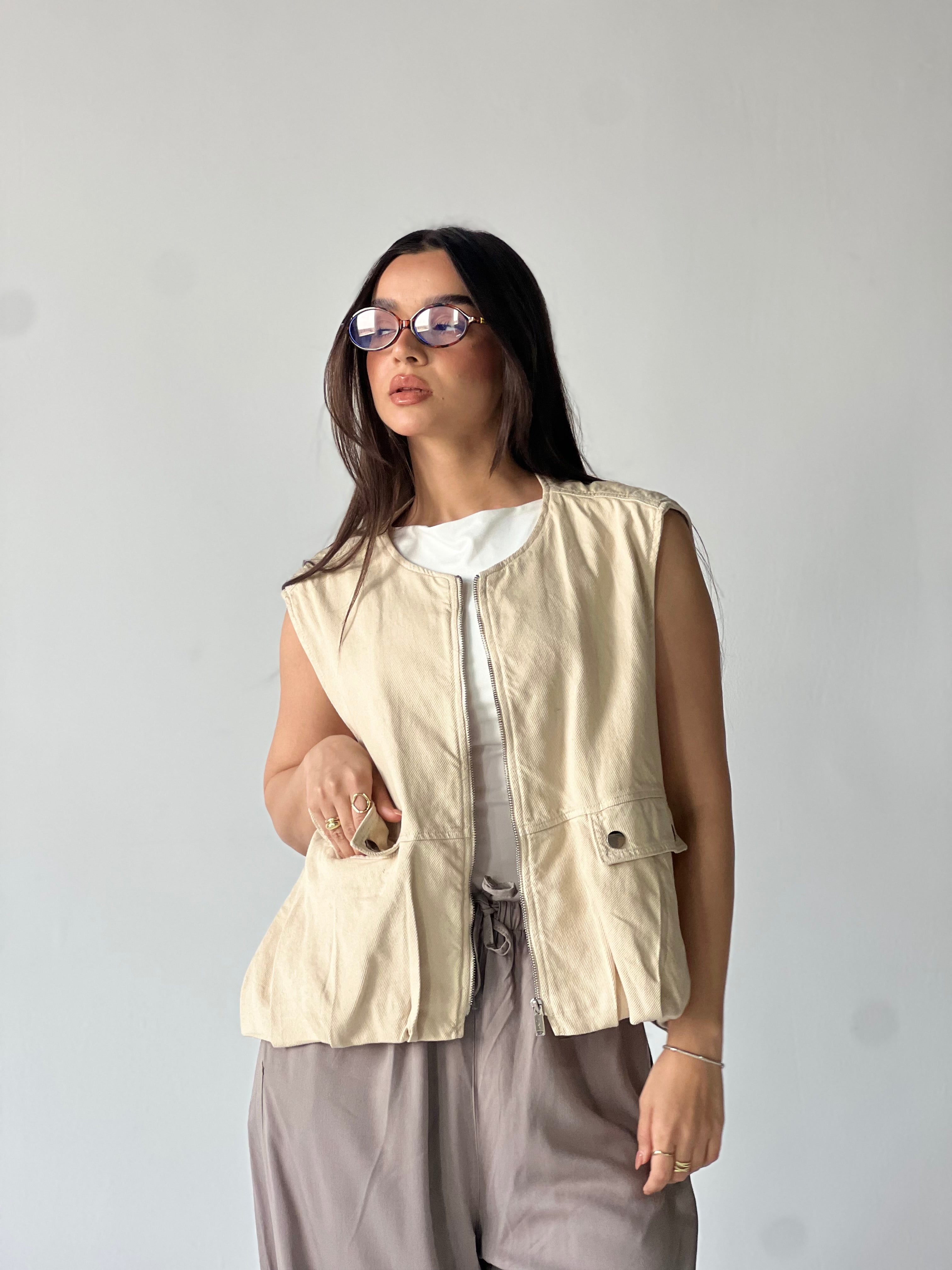 Oversized Cargo Zip Vest –Beige