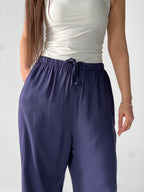 Summer Linen Elastic Waist Pants –Blue