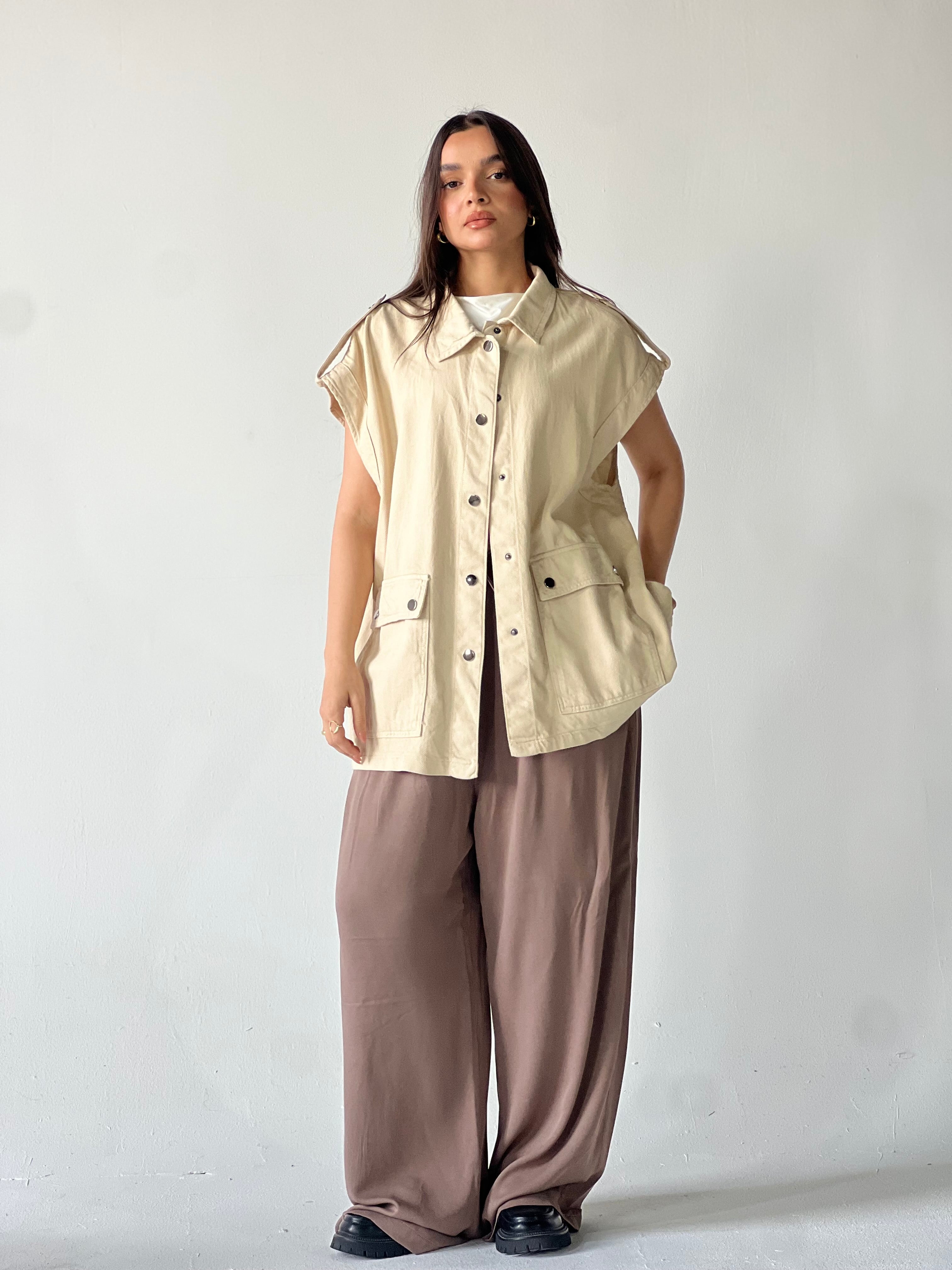 Oversized Long Cargo Vest –Biege