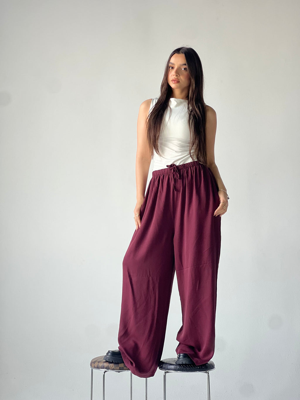 Summer Linen Elastic Waist Pants – Maroon