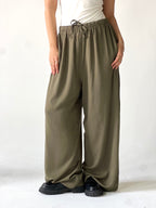 Summer Linen Elastic Waist Pants –Olive