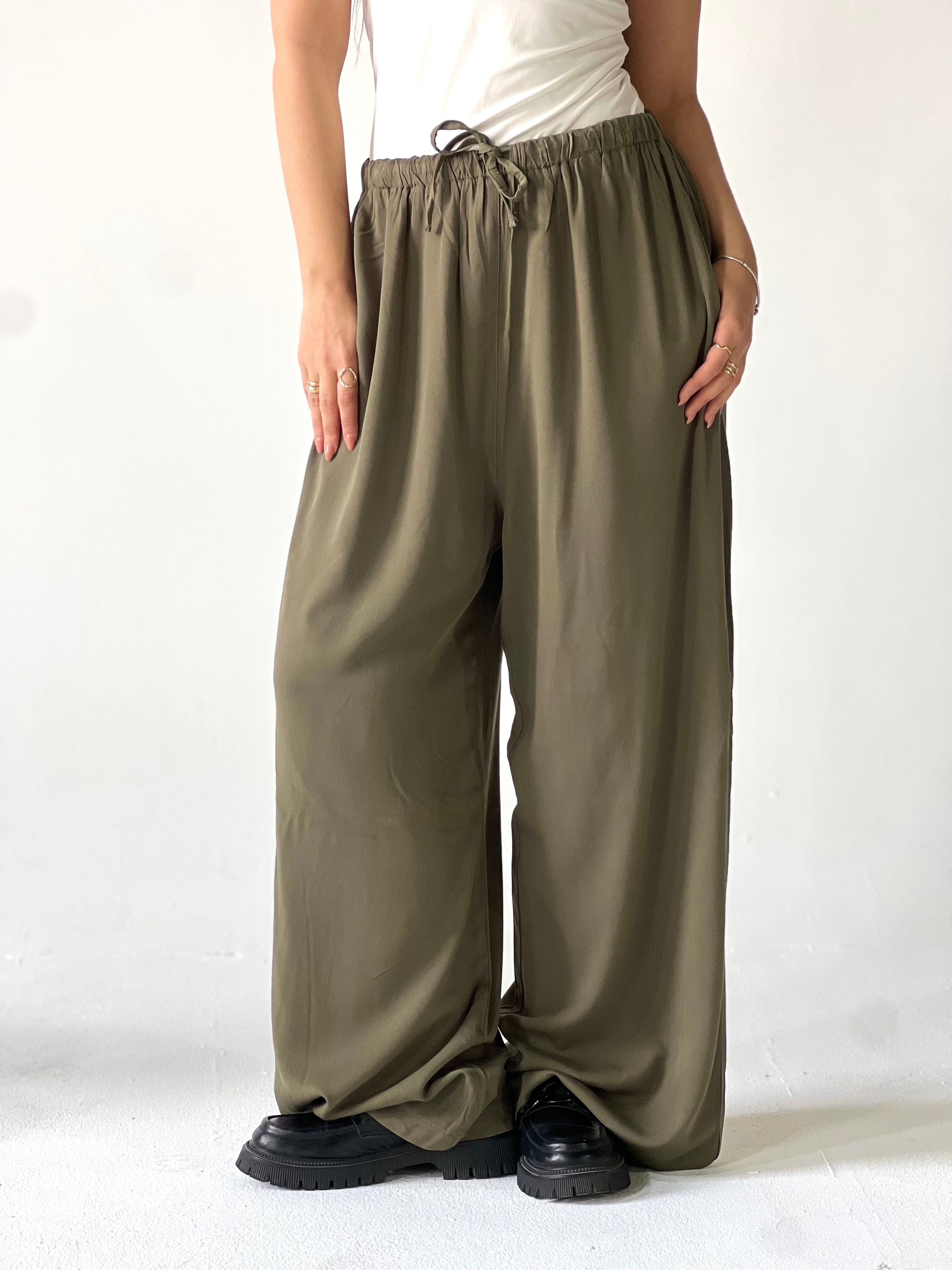 Summer Linen Elastic Waist Pants –Olive