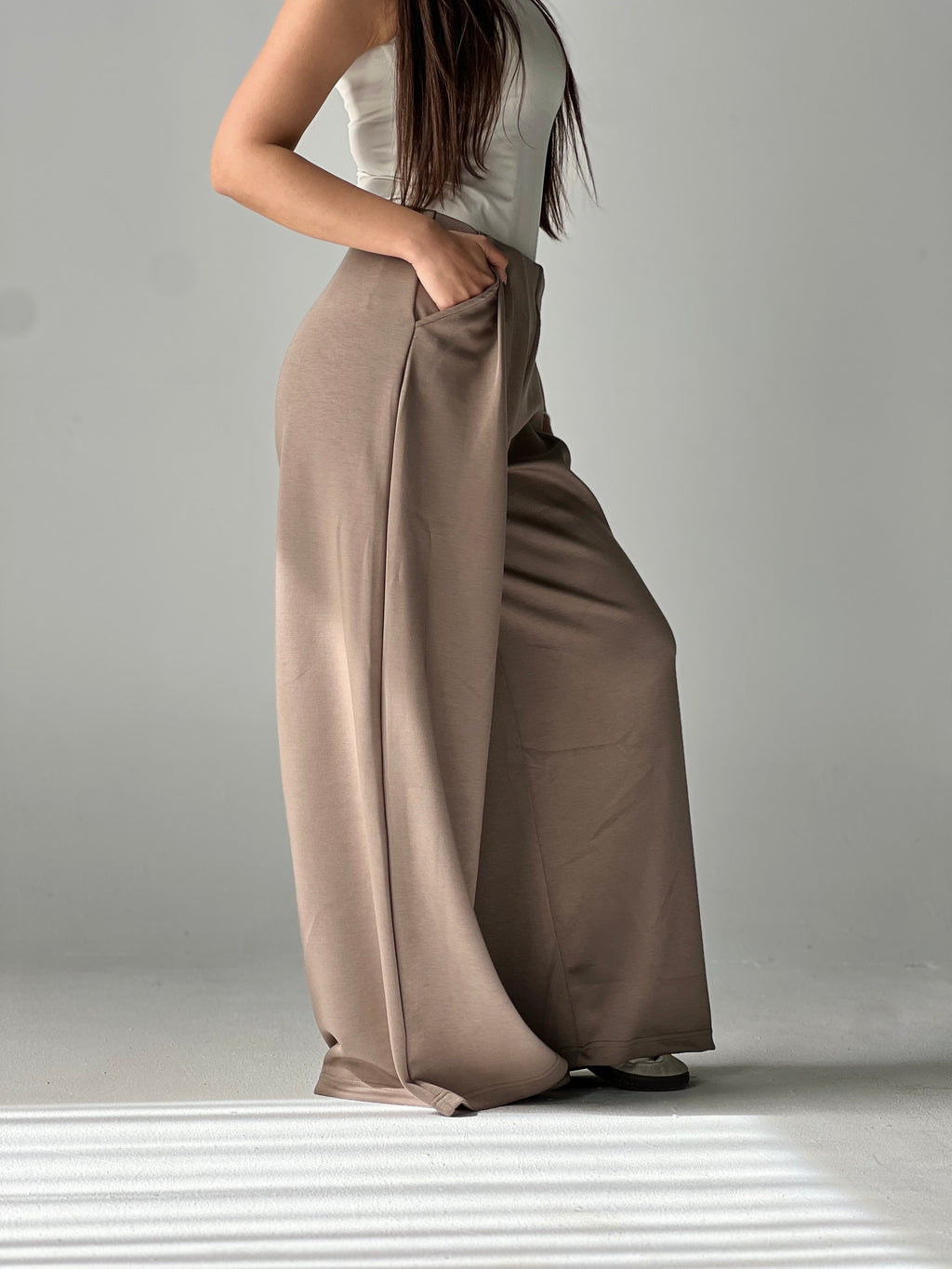 Wide-Leg Summer Melton Pants-Cafe