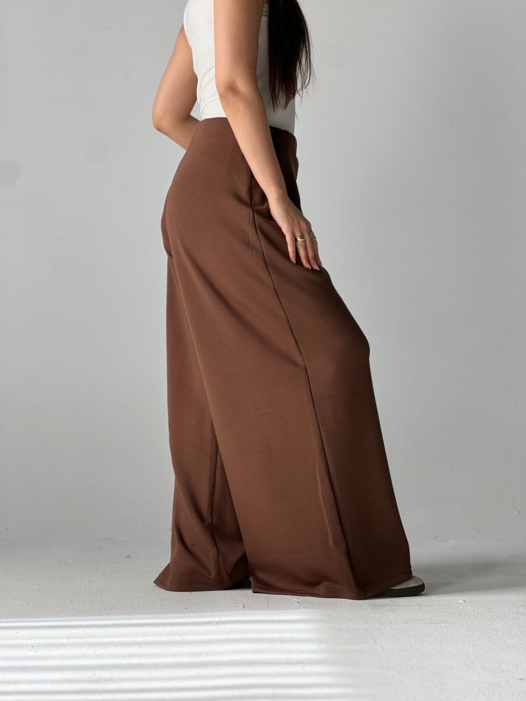 Wide-Leg Summer Melton Pants-Brown