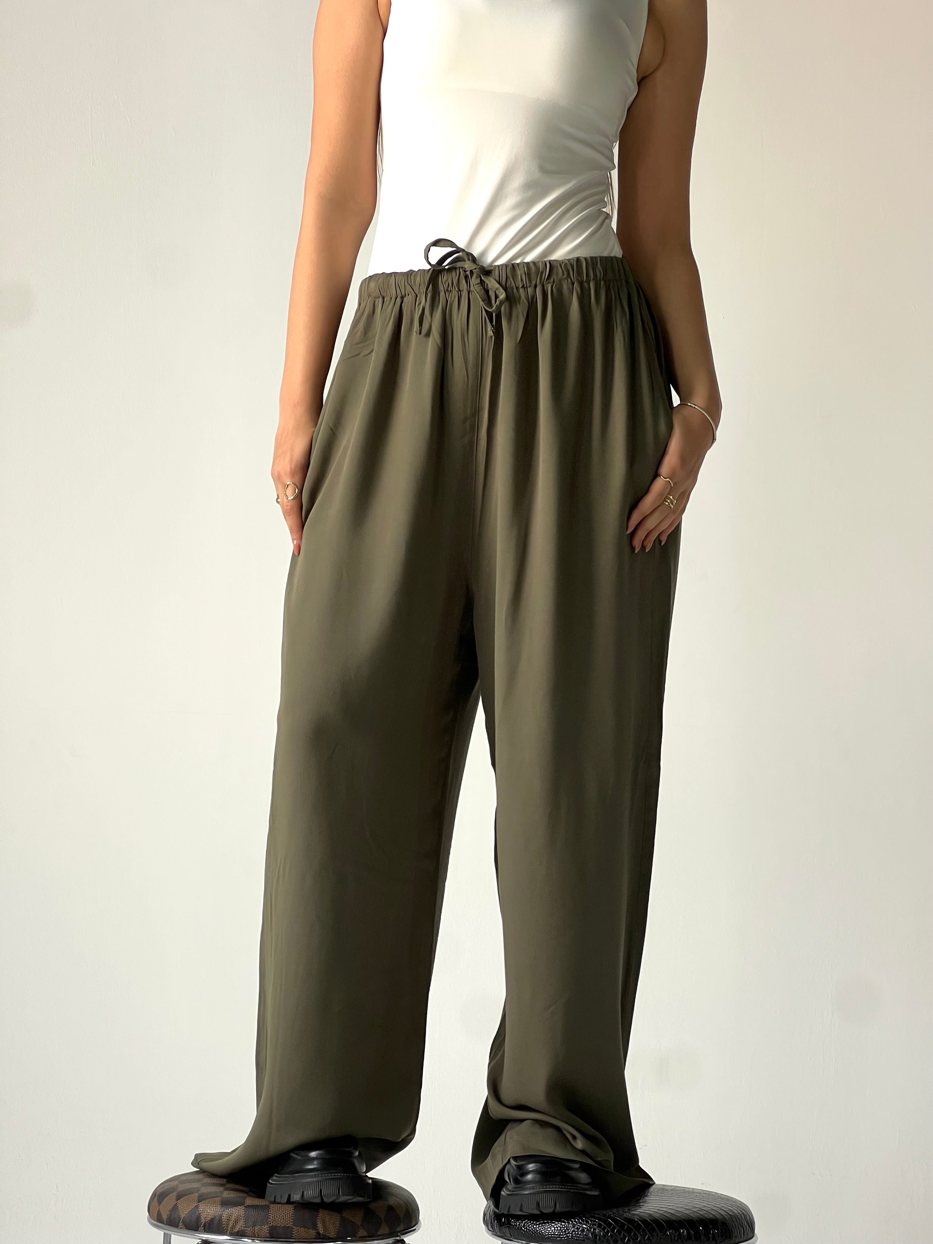 Summer Linen Elastic Waist Pants –Olive