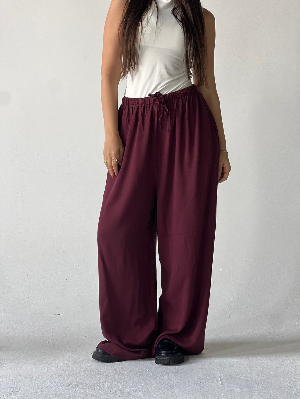 Summer Linen Elastic Waist Pants – Maroon
