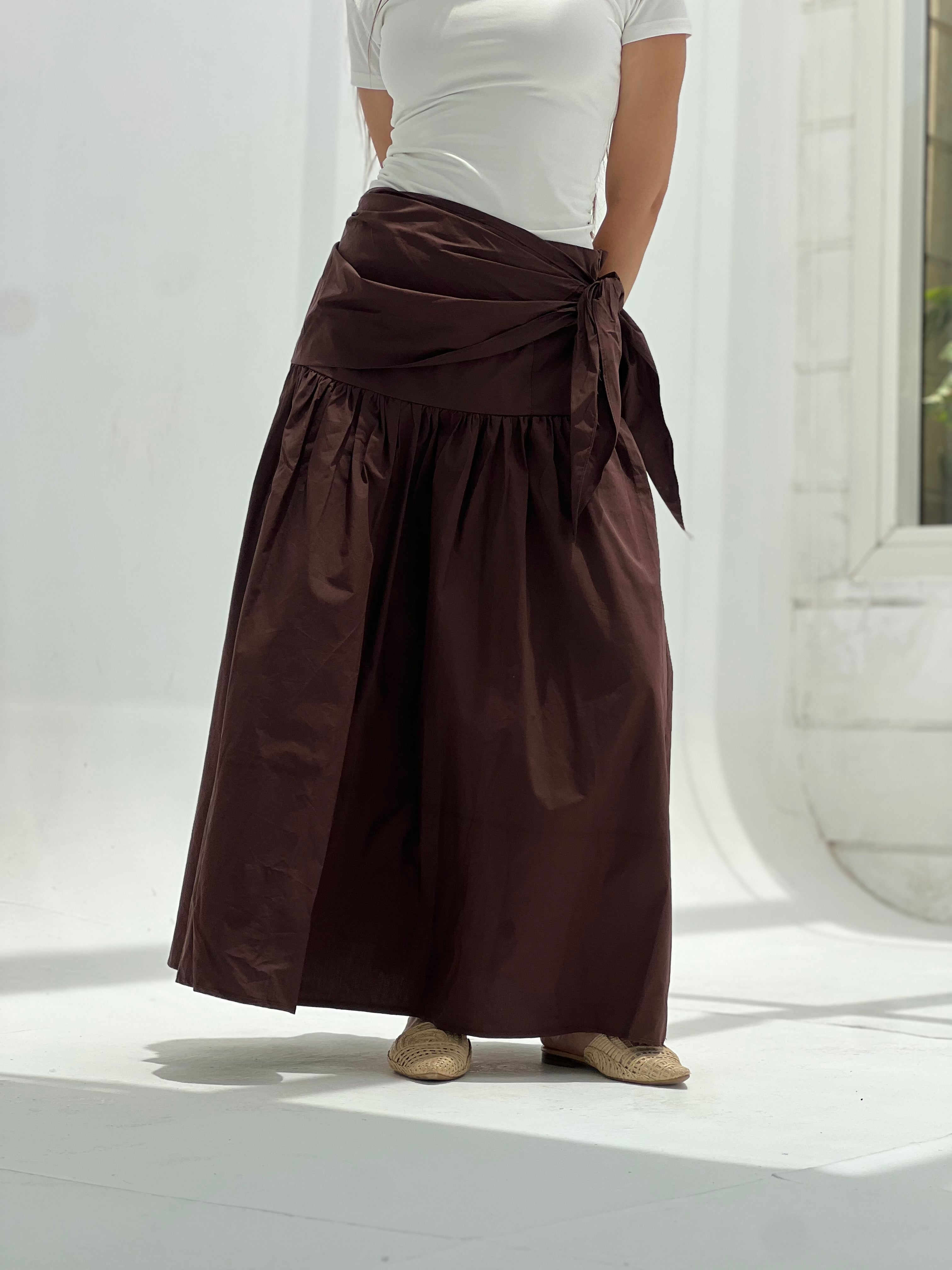 Side Tie Maxi Skirt-Brown