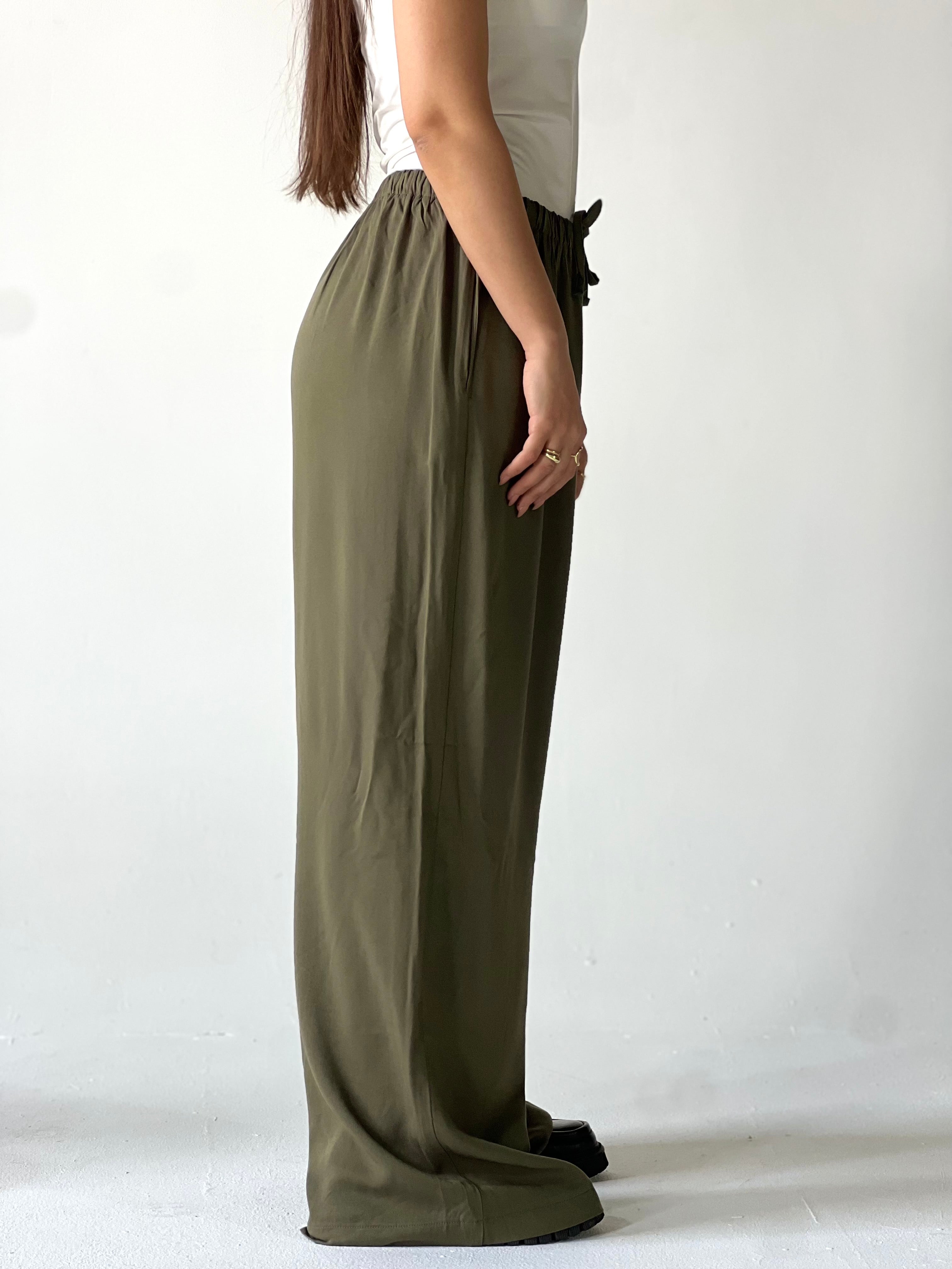 Summer Linen Elastic Waist Pants –Olive