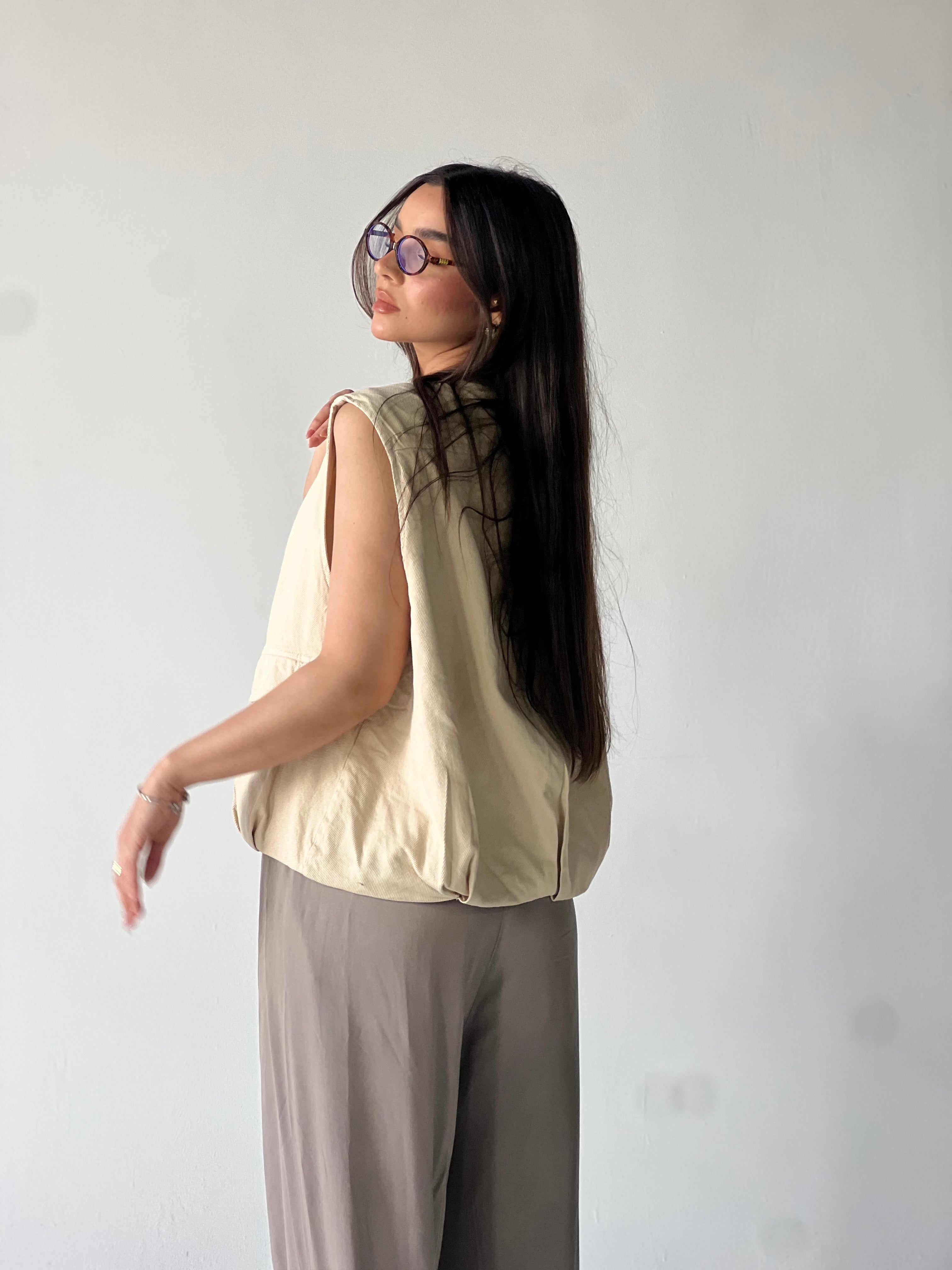 Oversized Cargo Zip Vest –Beige