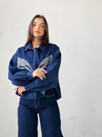 Butterfly Embroidered Summer Oversized Shirt-Dark Blue