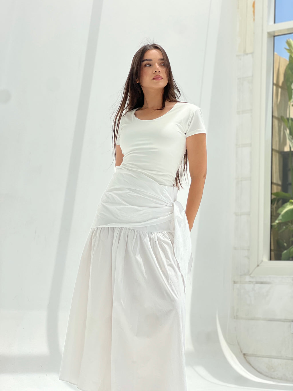Side Tie Maxi Skirt-White