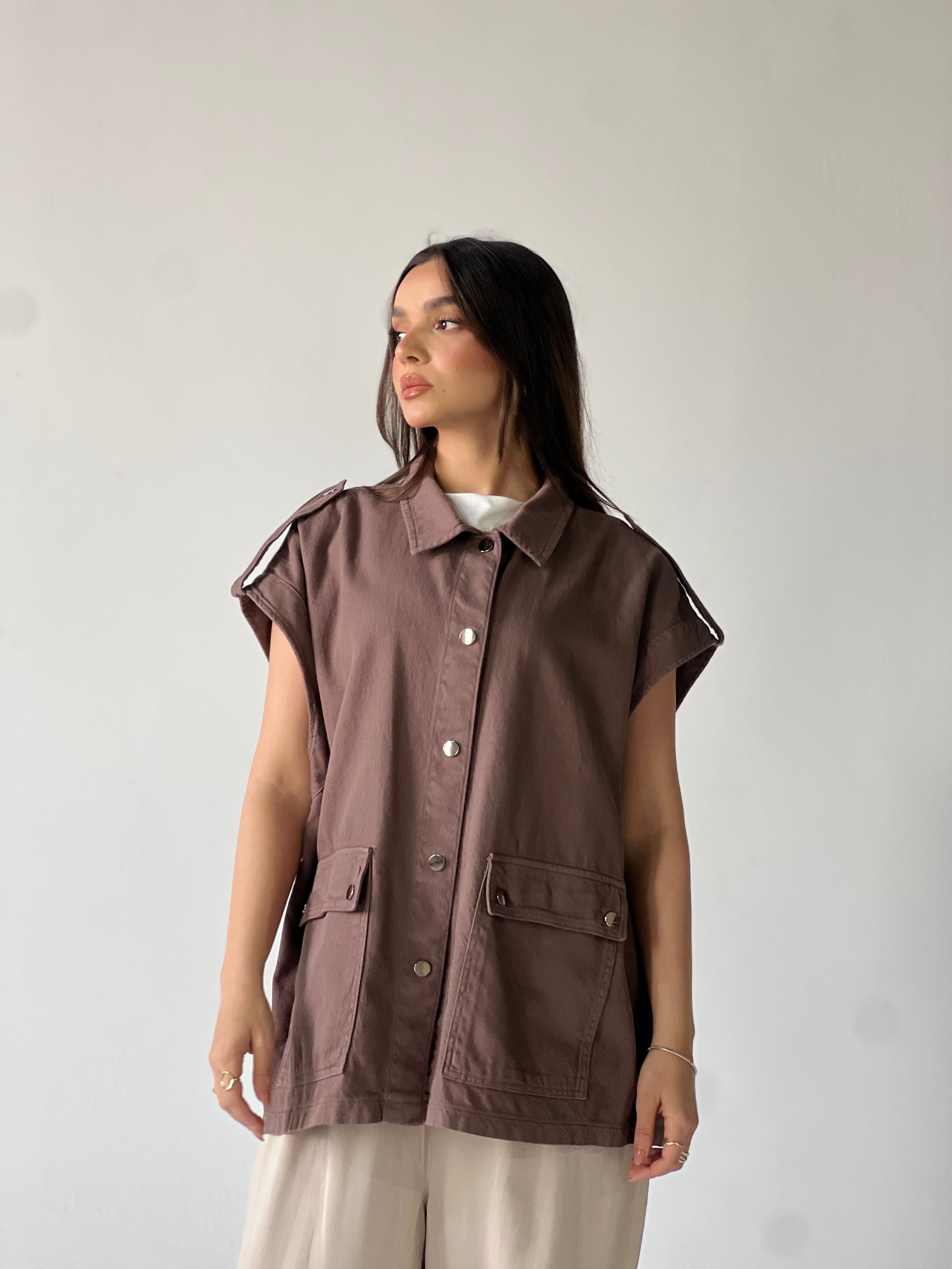 Oversized Long Cargo Vest –Brown