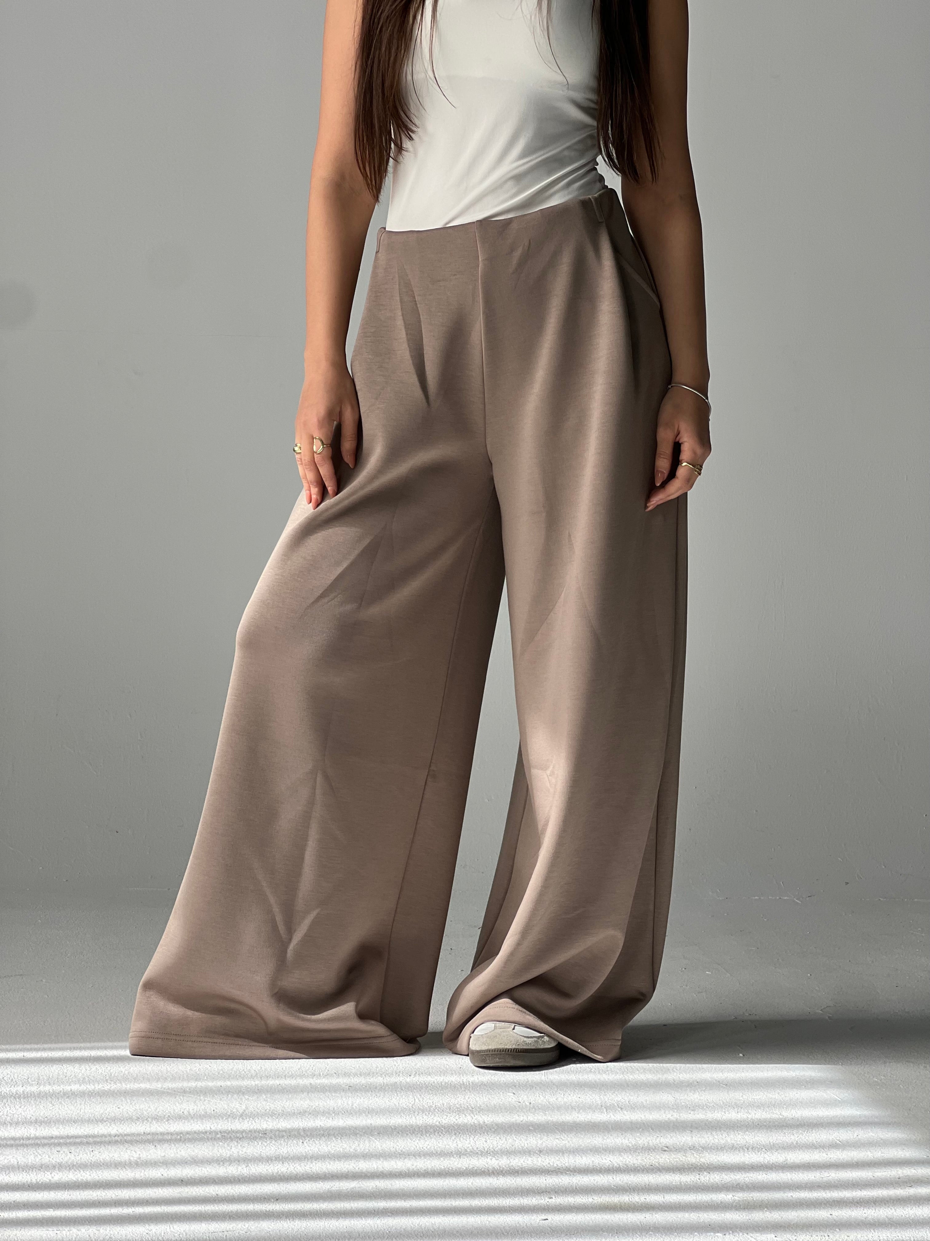 Wide-Leg Summer Melton Pants-Cafe