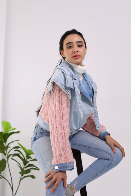Jeans cropped jacket with Knitting sleeves and knitting back