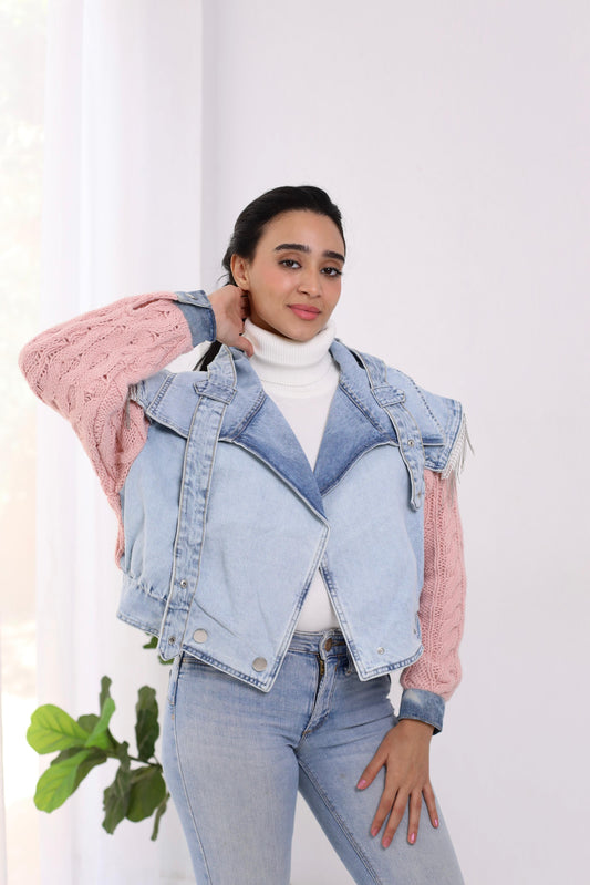 Jeans cropped jacket with Knitting sleeves and knitting back