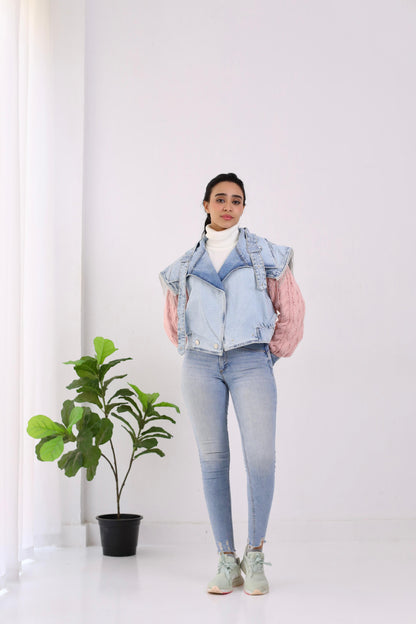 Jeans cropped jacket with Knitting sleeves and knitting back