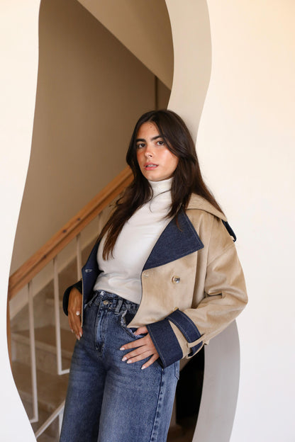 Velvet wool X Denim Cropped Coat -biege