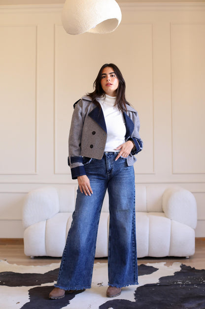Velvet wool X Denim Cropped Coat -blue